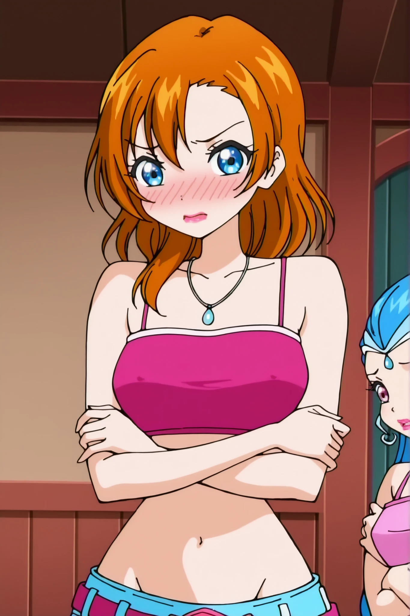 winx , 1girl, anime screen cap, kousaka honoka, upper body, pink tube top, spaghetti straps,necklace,wide hip , lipstick, embarrassed , lowleg,belt,(covered nipples:0.8), indoors , looking at viewer , crossed arms ,big naval, naval focus 