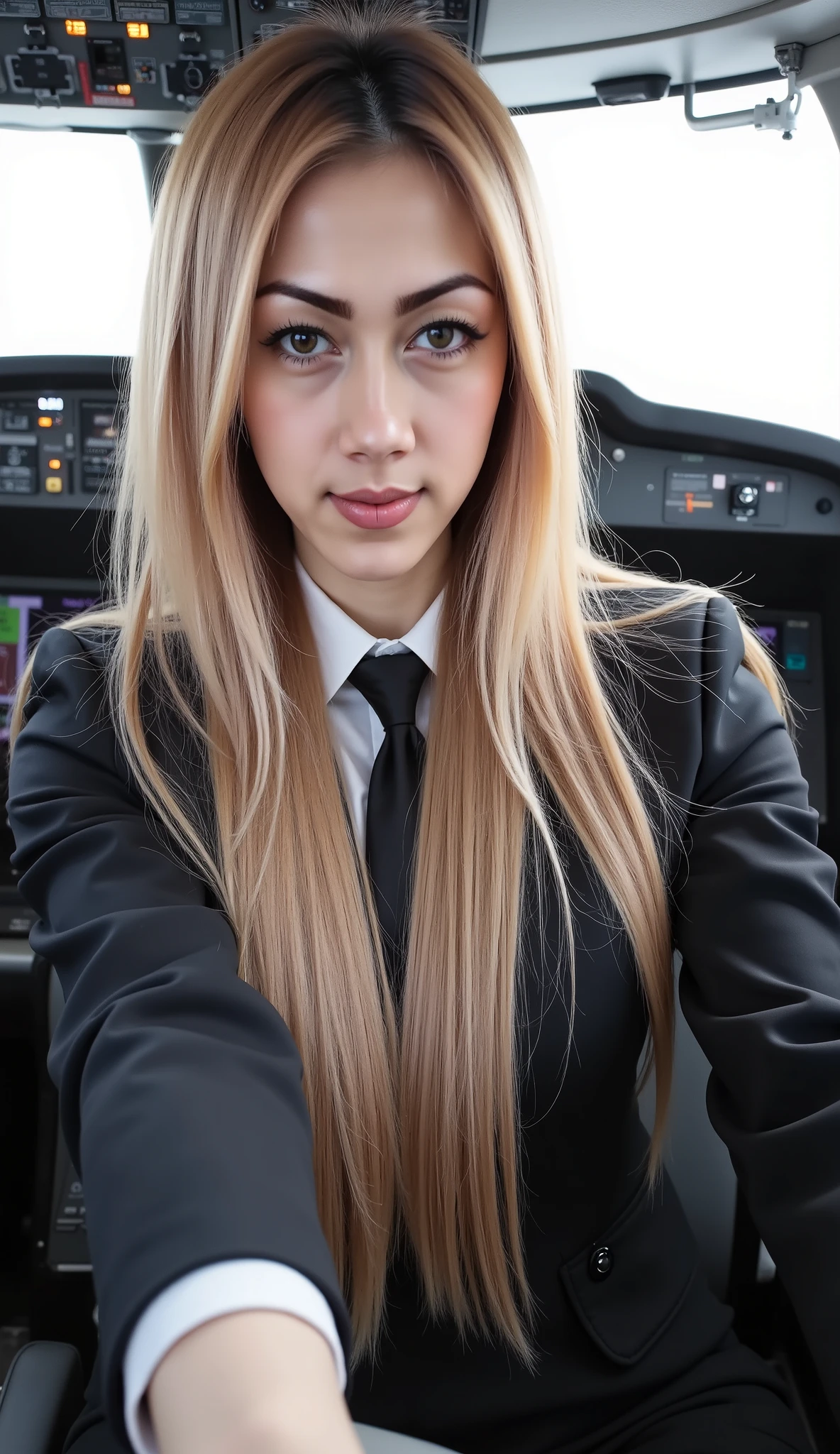 (Highest Quality。 max resolution。 super realistic pictures 。 Full Body Portrait 。) There's a beautiful pilot woman with super long hair。 She's a super long haired pilot。She's wearing a pilot's uniform。More beautiful than a beautiful actress。 beautiful young woman。 She has a beautiful and pretty face、 With a kind smile。 what about her hair長さ約10メートル 。 she's 23。 most beautiful face in the world 。 the longest hair in the world 。 she's a winner of the World Long Hair Contest 。 Her beautiful hair is much longer than her height 。 very rich hair 。 very shiny hair 。 All of her images 。 very long shiny hair 。 Her long, beautiful hair is a symbol of female beauty 。 seductive proportions 。 slender body 。 Her beautiful and adorable face looks like a top model 。where she is drawn to the tip of her super long hair.。 depicts her entire super long hair 。 slender long legs 。The location is inside the cockpit of an airplane。She's piloting an airplane with her super super long hair wobbly。彼女はIn the cockpit超スーパーロングヘアーをアピールしている。her amazingly long hair、In the cockpit、Fluttering。she's acting above average。Her long hair is flowing down the cockpit floor。what about her hair、too long。Photo of her full body 。4Shot from a meter away。 straight blonde hair 。