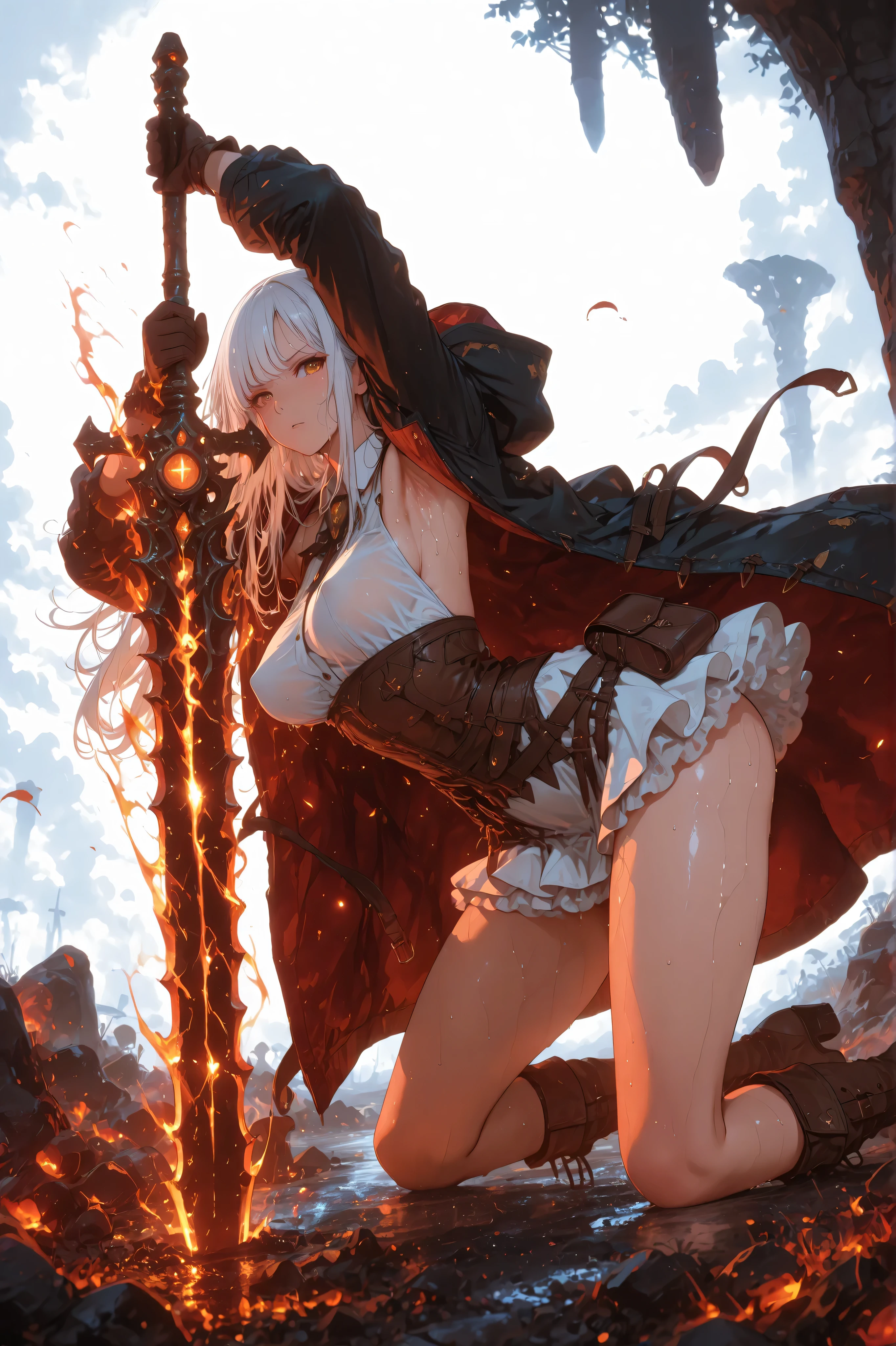 masterpiece, best quality, 8k, 1girl, fantasy character, all fours, legs apart, white dress shirt, backless outfit, lowleg, mini skirt, (wind blows), glove, boots, curvy body, medium breasts, perky breasts, petticoat, long coat with hoodie, long hairstyle, thin white hair, many items, dramatic atmosphere, intricate details, vivid colors, white background, digital art, equip a magic staff, holding a long sword, hip bag, looking at viewer, sweaty, midday, cowboy shot, sweaty armpit, (sweaty:1.3),