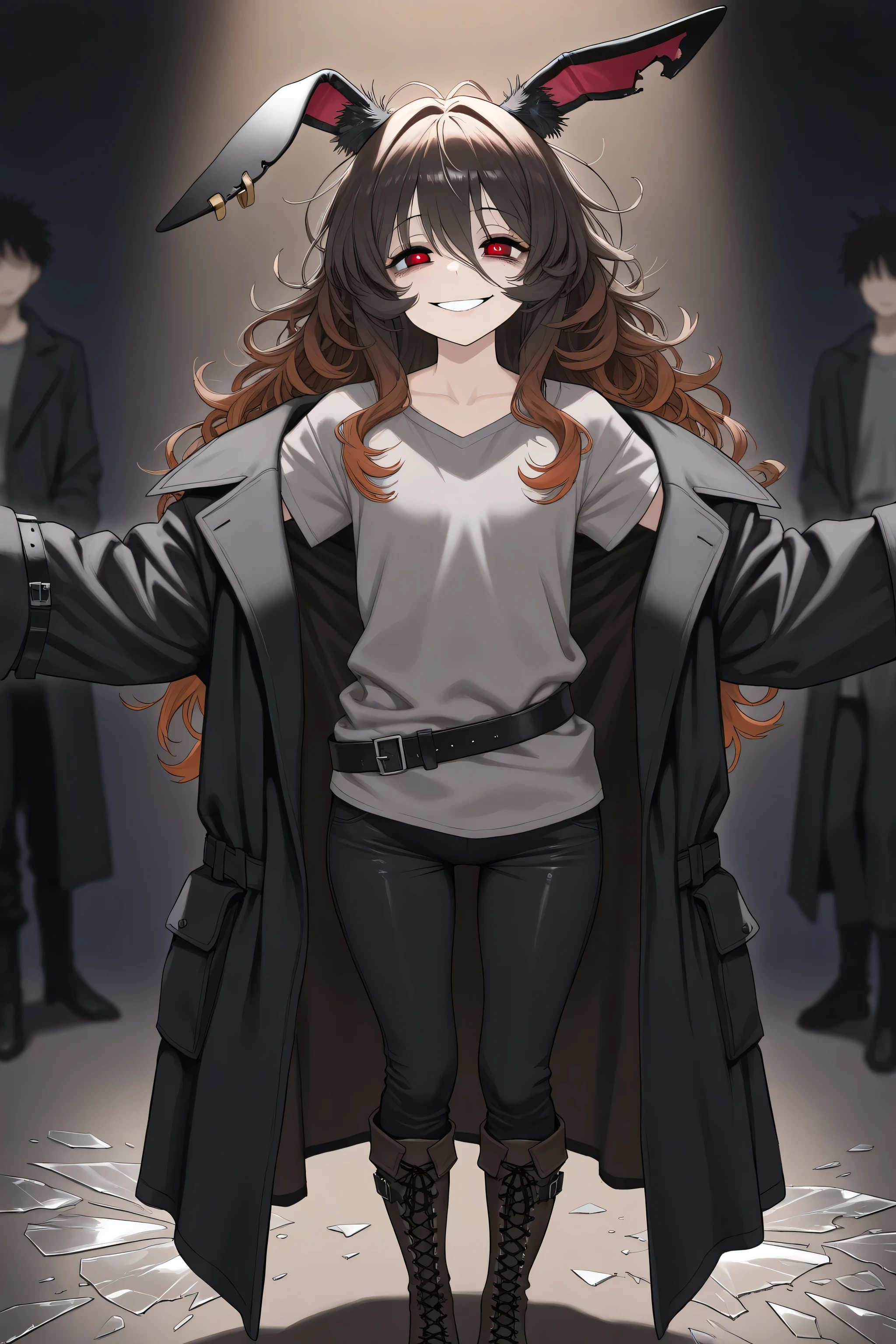 (masterpiece, Best Quality: 1.2), Ultra Detailed, HDR-10, (Soft Colors), (beautiful eyes, detailed eyes:1.2),1girl, mature, gesugao face, brown hair, long hair, black hair, gradient hair, red eyes, (Baggy eyes), smile, messy hair, Shiny hair, Medium height, Bunny ears, damaged ears, black coat, grey t-shirt, pants, knee boots, Decoration chains, Mocking pose, Moving the arms, sleeve belt, broken glass, Partially blurred background, dark background, flat chest, lace-up boots, ear ornament, black pants