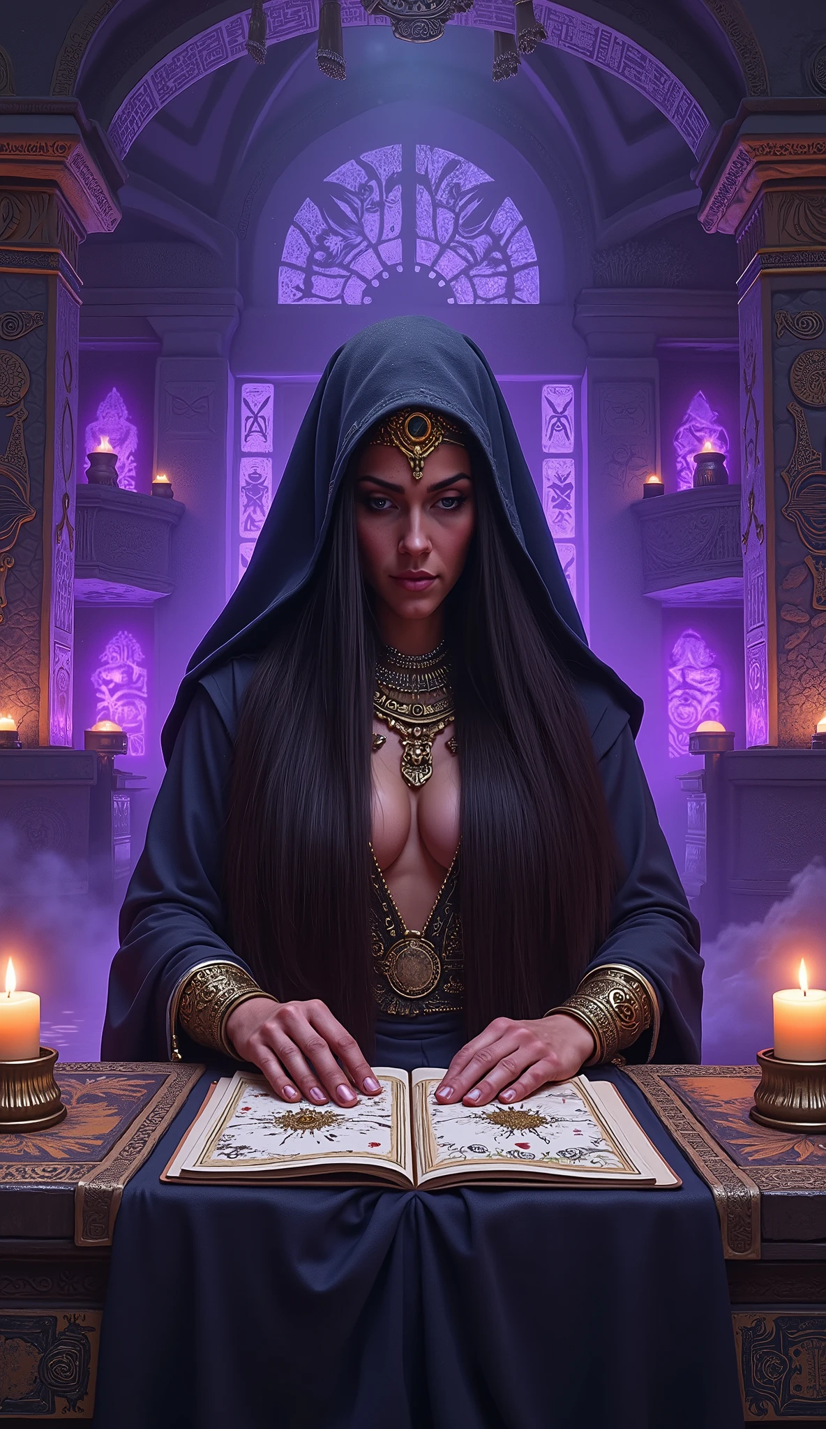 Wide front-facing view, beauty Egyptian-style old witch with long black hair partly covering her face, wearing golden headpiece and ornate robes, sitting in a black and purple underground chamber, reading tarot cards with Egyptian art, soft purple candlelight illuminating her face, Large breasts,  stone walls carved with hieroglyphs glowing faint purple, shelves with scrolls and potions, stylized 2D realistic illustration, game background style, deep shadows, mystical and mysterious
