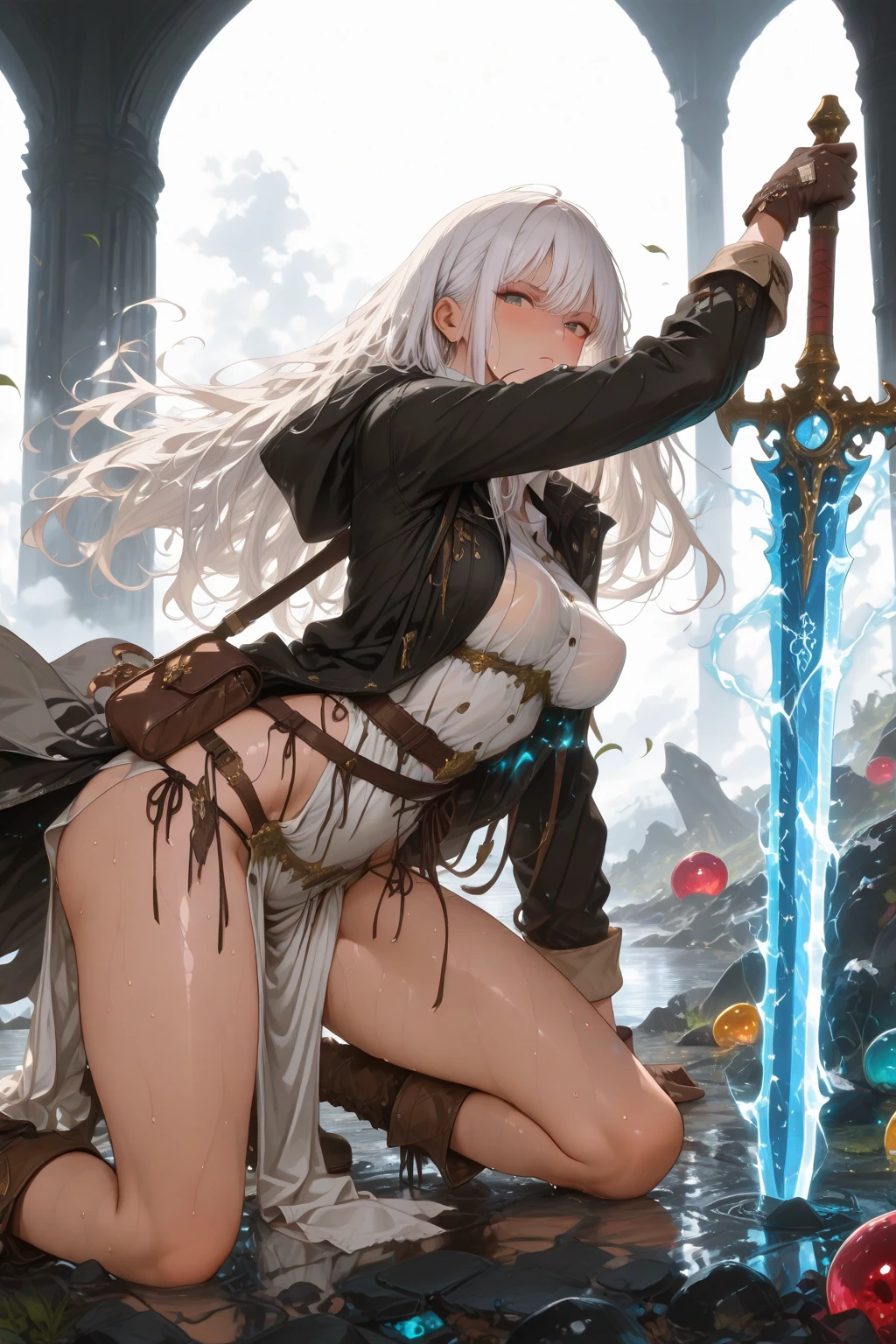 1girl, solo, (girl: adult, age 35 face, long white hair, beautiful, fearful,  ???? white fantasy dress, torn clothing, small ??????? ), ???? , rope bondage, tied up, ????? on wooden horse, ????? dripping, punishment , medieval fantasy, dungeon