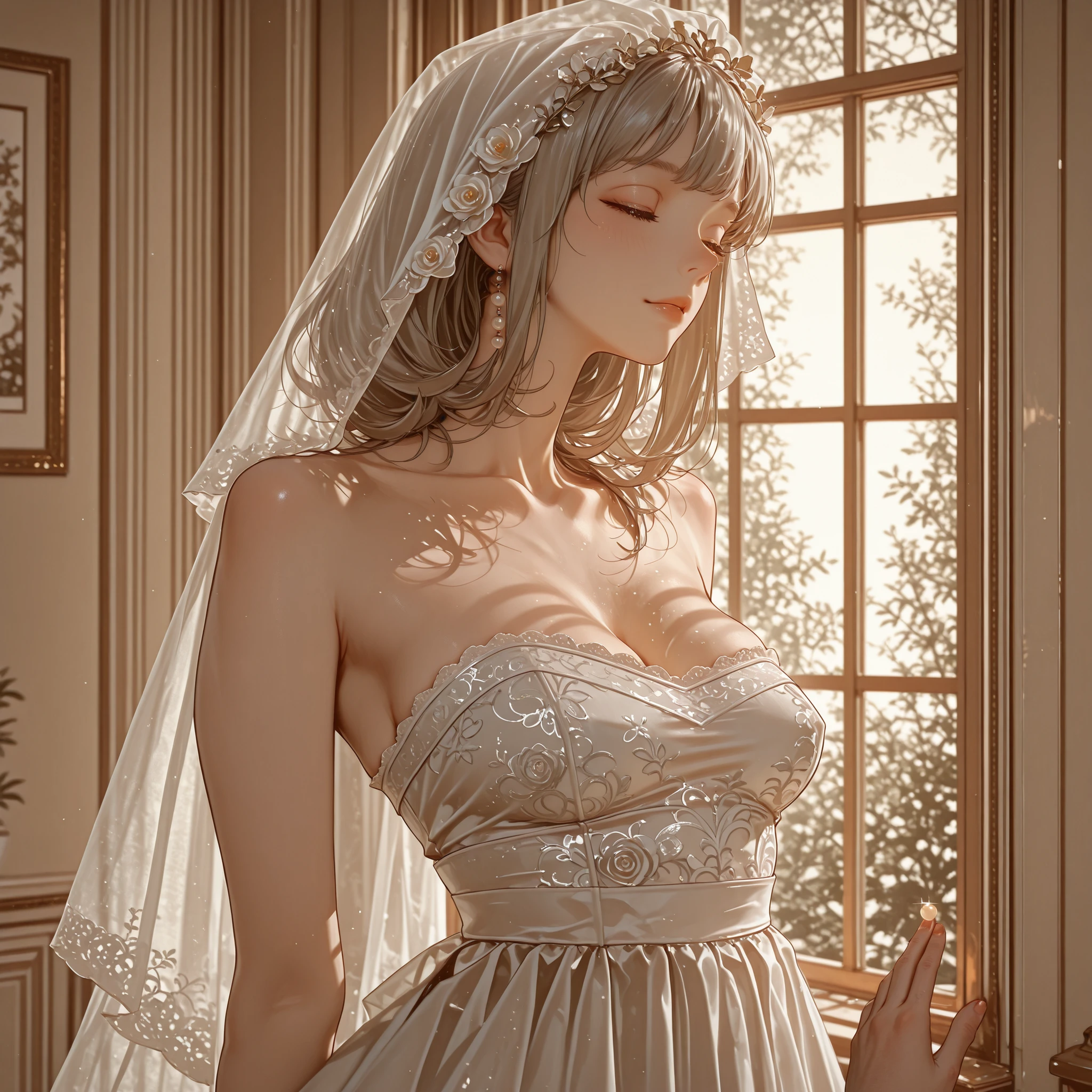 3DMM,mature female, milf, motherly,In an elegant room where the gentle light of the rising sun shines through the window、A young bride holding a thin white veil、She is spending a quiet time、transparent veil softly drapes on her shoulders、The elegant strapless wedding dress shines beautifully、The delicate lace pattern and small pearl beads applied by hand shine in response to the light、What is the shade created by the soft golden light、that artistically expresses the texture of the dress and her feminine curves、Her fingertips delicately grab the veil、The meditative expression brings thoughts of a new life、background is blurred with a gradation of cream and beige、It enhances the bride's figure、An emotional moment expressing the sanctity and expectations of marriage、Photojournalistic Style、Natural light photography、Cinematic Colors