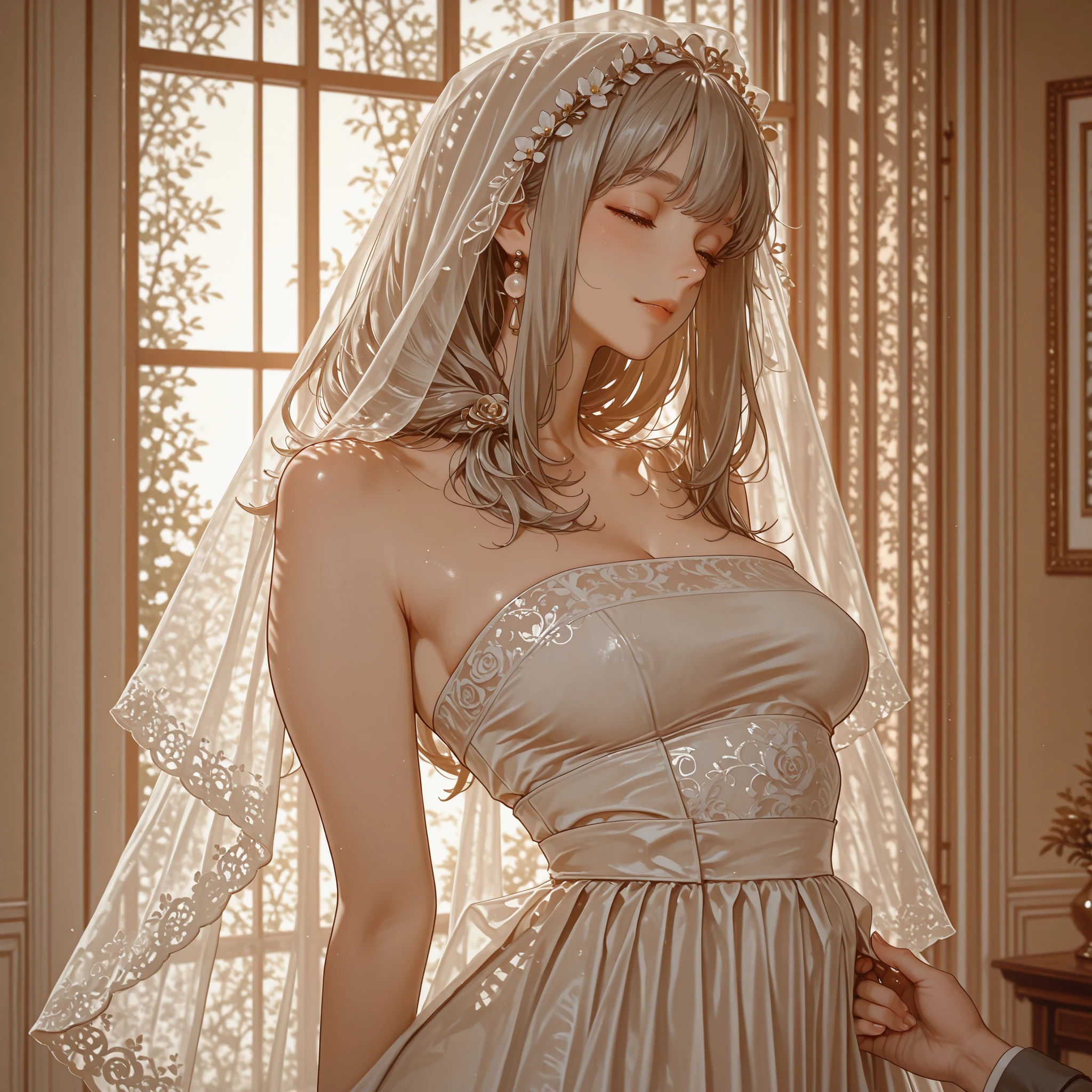 3DMM,mature female, milf, motherly,In an elegant room where the gentle light of the rising sun shines through the window、A young bride holding a thin white veil、She is spending a quiet time、transparent veil softly drapes on her shoulders、The elegant strapless wedding dress shines beautifully、The delicate lace pattern and small pearl beads applied by hand shine in response to the light、What is the shade created by the soft golden light、that artistically expresses the texture of the dress and her feminine curves、Her fingertips delicately grab the veil、The meditative expression brings thoughts of a new life、background is blurred with a gradation of cream and beige、It enhances the bride's figure、An emotional moment expressing the sanctity and expectations of marriage、Photojournalistic Style、Natural light photography、Cinematic Colors