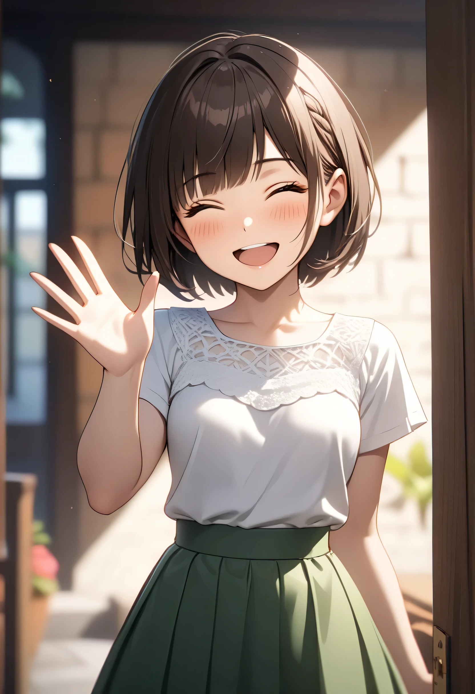 (((masterpiece, Better Quality, high resolution, UHD, perfect pixels, depth of field, 4k, RTX, hdr))), 1 girl, single, 14 years, alone, Half body, Beautiful anime girl, beautiful artistic style, Anime character, (( A wide smile ,open-mouthed, childish gaze, short hair , asymmetric bangs , dark brown hair,)), (eyes closed, beautiful eyelashes,), (detailed face, blush: 1.1), (SOFT TEXTURE: 0.6, realistic texture: 0.5, photorealistic: 1.1, anime cg style), (small breasts, (is standing waving or raising his hand putting his palm forward as if greeting smilingly, dynamic view 1:2, (showed, white blouse, green skirt), in the background, The wooden door of