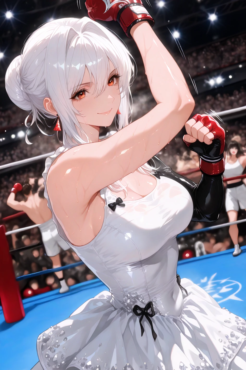 (absurdres, best high quality image, carefuly detailed features and textures, very detailed image) female wrestling character with multiple views: Elf queen 1.000 years old mature adult milf: beautiful face,  feminine and  features, beautiful light blue eyes, voluptuous body, , huge , beautiful legs, golden long hair, golden eyebrows, (white one-piece wrestler leotard, white knee pads, white middle finger sleeves and white gloves, white elbow pads, cleavage), She is doing a hip attack during training in the gym's wrestling ring.