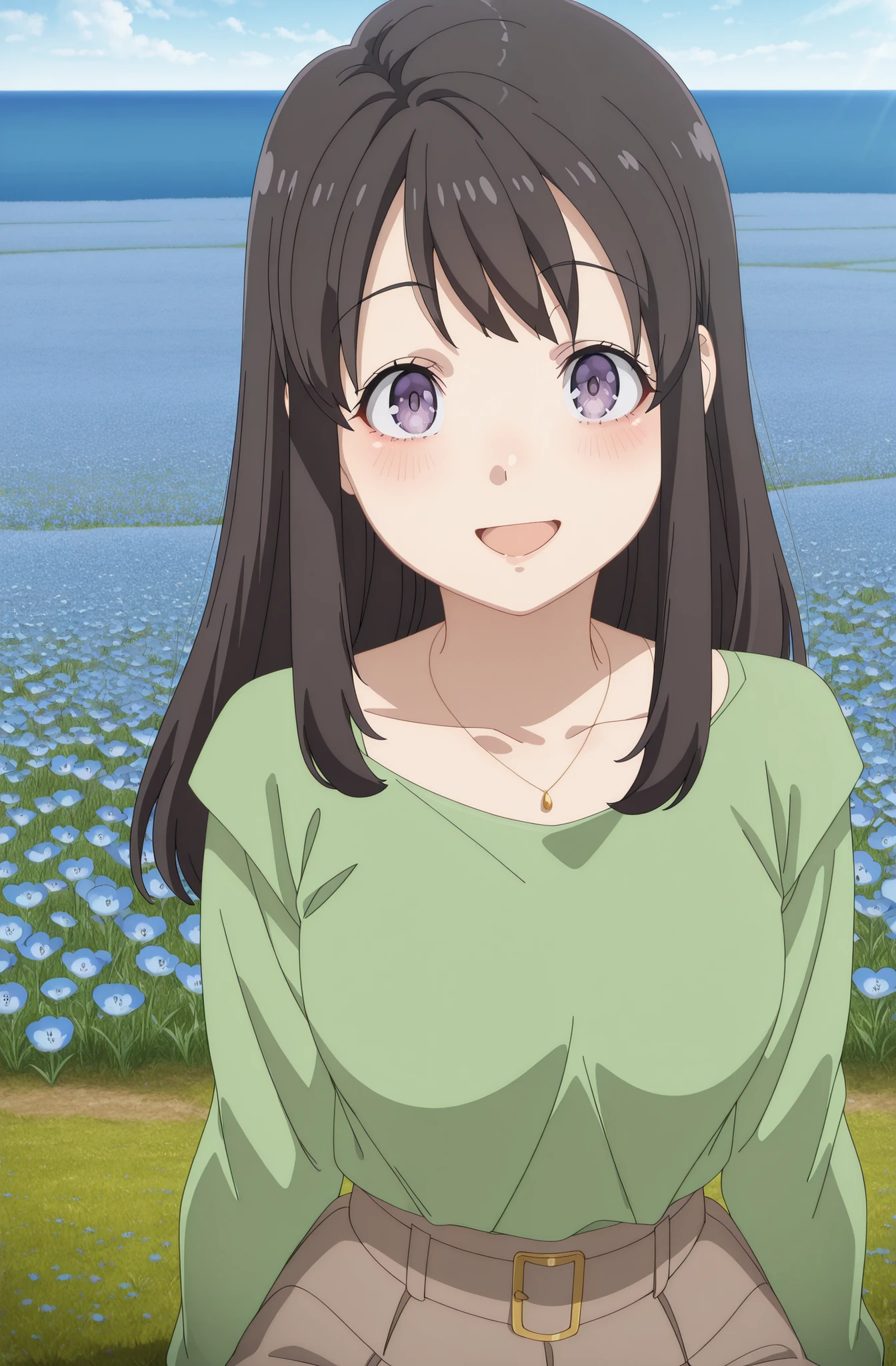 sitting, wariza,masterpiece, best quality, amazing quality,, uzuki hirokawa, long hair, black hair, purple eyes, sidelocks, bangs, mature female, small breasts, anime screencap, shirt, skirt, long sleeves, jewelry, collarbone, belt, necklace, brown skirt, green shirt, gotoubunnohanayome vol13, solo, looking at viewer, blush, smile, open mouth, upper body, Outdoors, depth of filed, Light on Face, Portrait, Sunlight, skyporn, (field of Nemophila flowers) outdoors, (Nemophila:1.2) (realistic blue flower:1.1), (blue flower field look like sea), horizon, noon, detailed backgroun