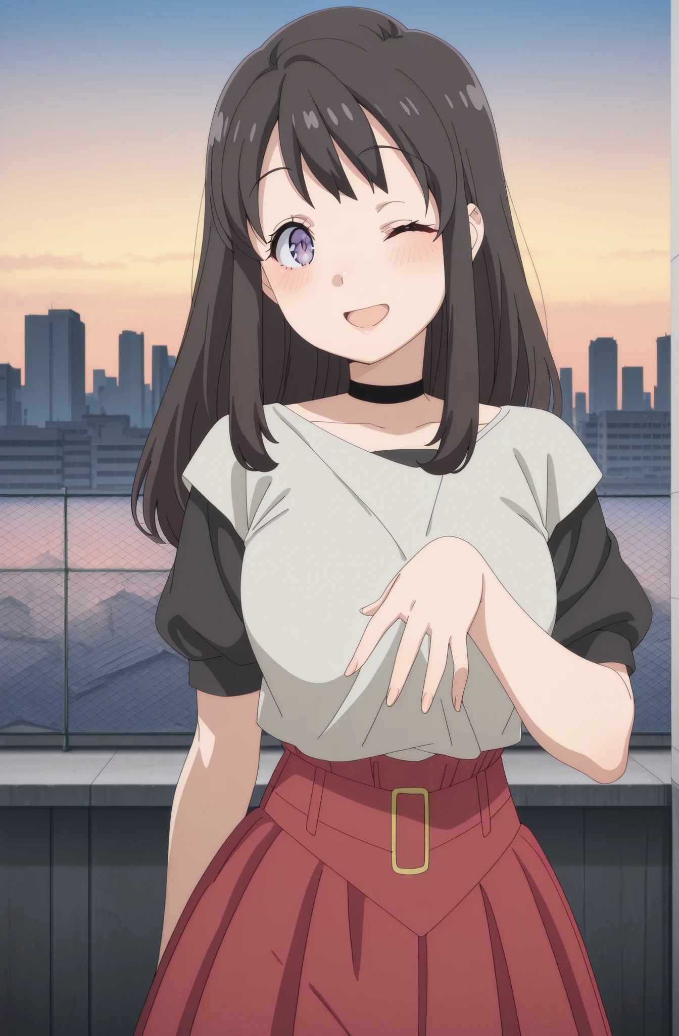masterpiece, best quality, amazing quality,, uzuki hirokawa, long hair, black hair, purple eyes, sidelocks, bangs, mature female, small breasts, anime screencap, shirt, skirt, short sleeves, choker, puffy sleeves, puffy short sleeves, black choker, red skirt, amane himeno photoshoot, solo, looking at viewer, blush, smile, open mouth, one eye closed, hands up,, rooftop, view, height, buildings, sky, cowboy shot, solo, looking at viewer,