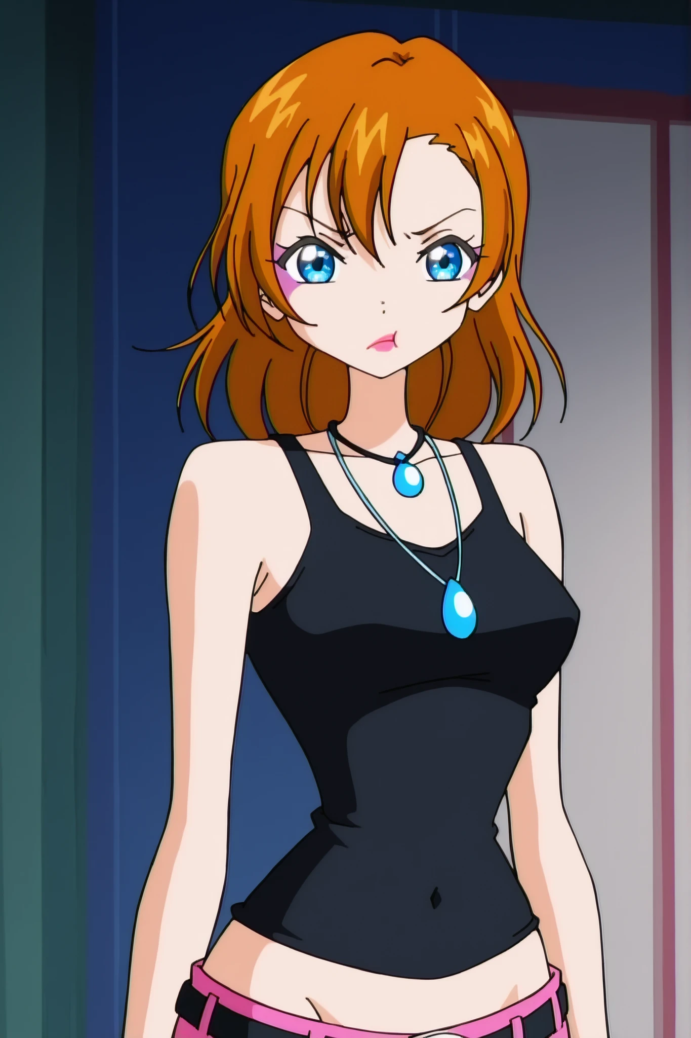 winx , 1girl, anime screen cap, kousaka honoka, upper body, black tank top, necklace, makeup , lipstick, pouting , covered navel , lowleg,belt,(covered nipples:0.8), indoors 