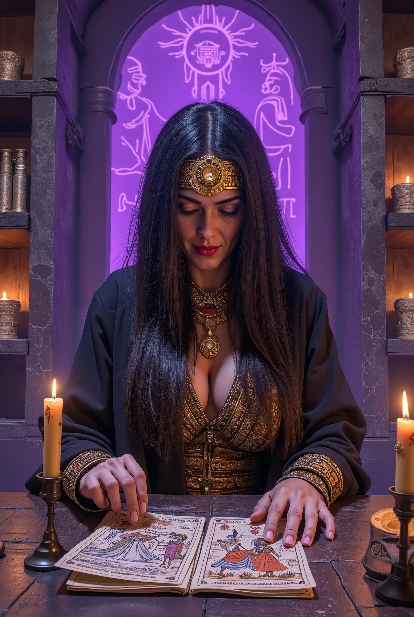 Wide front-facing view, beauty Egyptian-style old witch with long black hair partly covering her face, wearing golden headpiece and ornate robes, sitting in a black and purple underground chamber, reading tarot cards with Egyptian art, soft purple candlelight illuminating her face, Large breasts, stone walls carved with hieroglyphs glowing faint purple, shelves with scrolls and potions, stylized 2D realistic illustration, game background style, deep shadows, mystical and mysterious