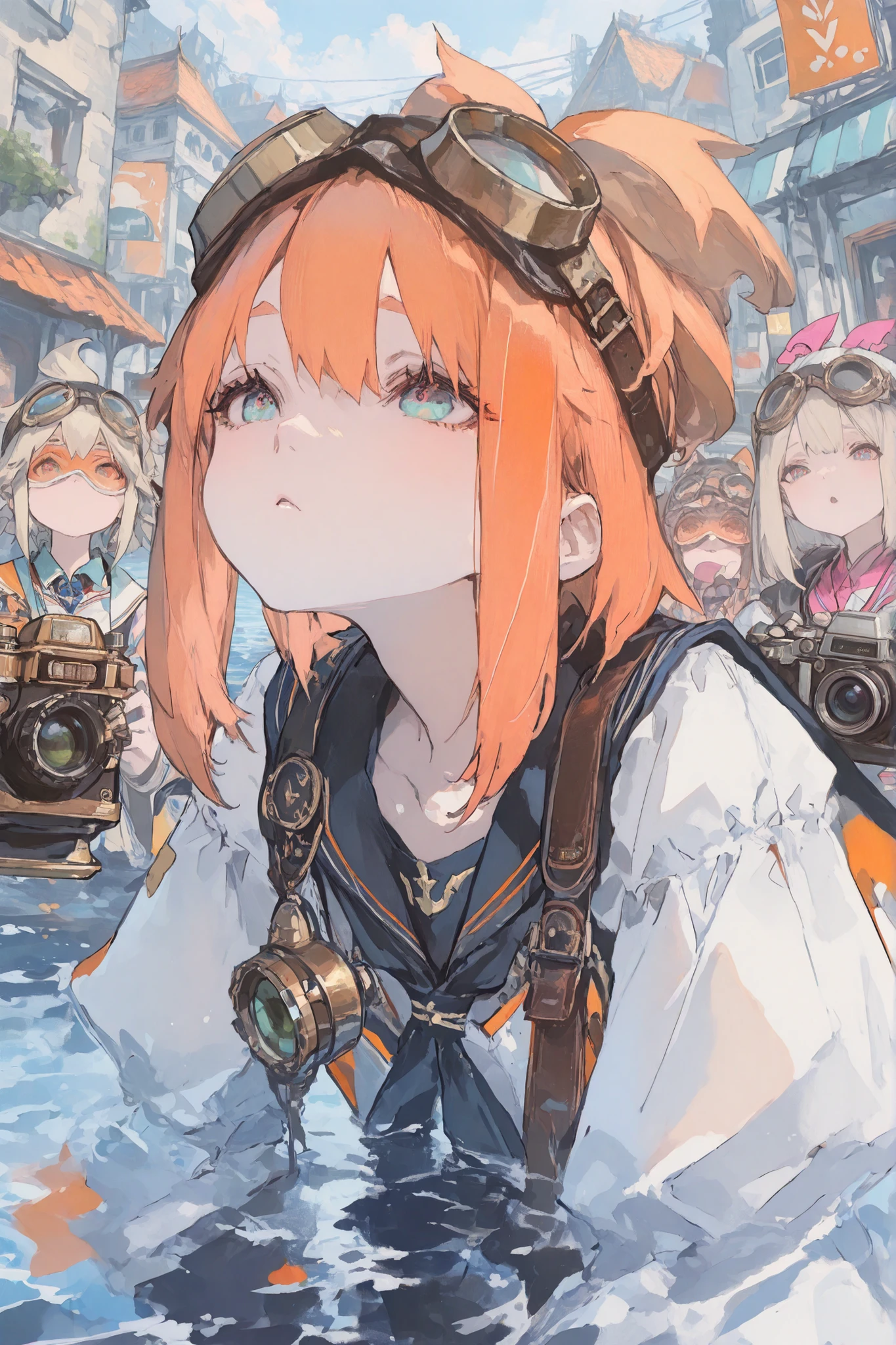 (masterpiece, Highest Quality), (very detailed, Highest Quality, OFFICIAL ART, beautiful、Aesthetic: 1.3) , 3 girls , face focus , face, ,sailor , Fantasy taken with a Nikon Z7 II mirrorless camera , Water City , Around Town ,Goggles on the Head, Fashionable Shop, orange roof, Olds,
