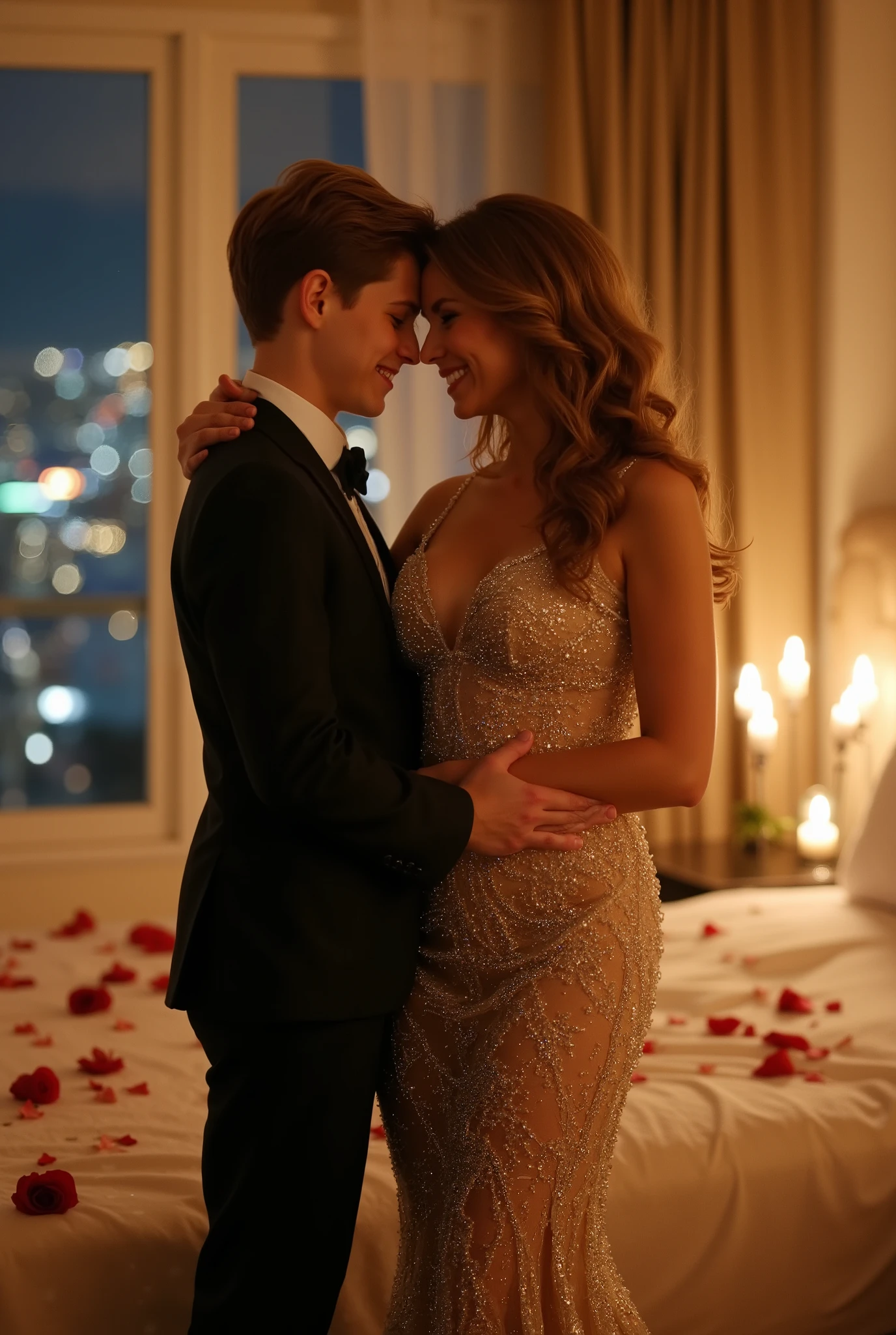 A mother and boy on a tenderly in an elegant, softly lit bedroom. The boy is wearing a dark formal suit, and the mother is smiling laughing wearing a long tight dress, sparkling gold dress with transparent details and glitter accents. he looks about 9 and she looks about 45. They are standing close with their foreheads touching, smiling affectionately. The background features a large window with city lights glowing outside, rose petals scattered on the bed, and soft candlelight creating a warm, intimate atmosphere. the boy saw his mother's face. Height different tall mother and short boy. Boy as tall as her waist so he needs to lean over a bit to him. The boy is about 168 cm tall, while he woman is taller, about 175 cm. Beautiful mother. Tall mother. curve body. White skin. women are taller than boy