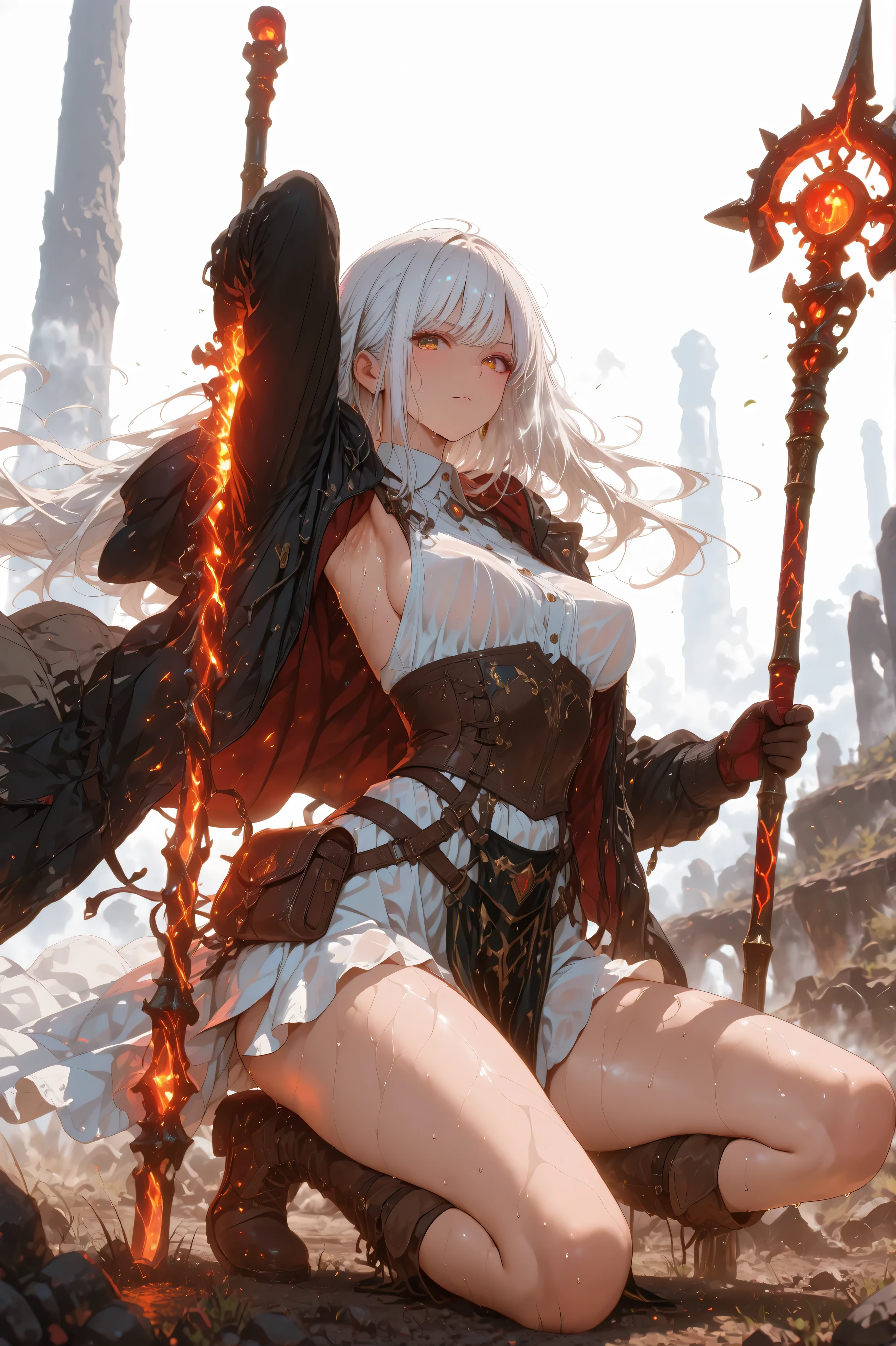 masterpiece, best quality, 8k, 1girl, fantasy character, on one knee, legs apart, white dress shirt, backless outfit, lowleg, loincloth, (wind blows), glove, boots, curvy body, medium breasts, perky breasts, long black coat with hoodie, long hairstyle, thin white hair, many items, dramatic atmosphere, intricate details, vivid colors, white background, digital art, equip a magic staff, holding a long staff, hip bag, looking at viewer, sweaty, midday, cowboy shot, sweaty armpit, (sweaty:1.3),