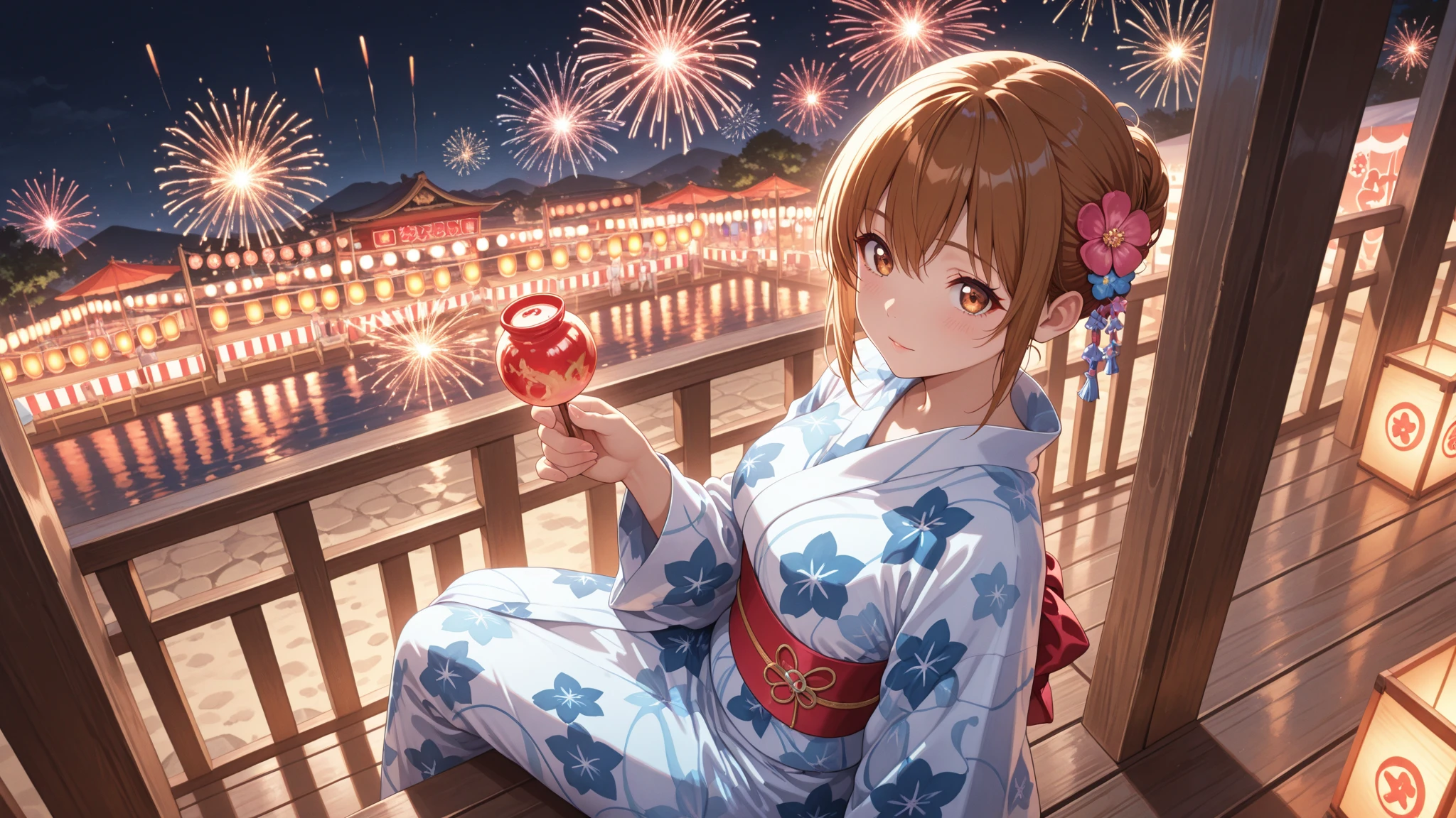 (((Best quality))), (((Ultra detailed))), 1 girl, bedhead, cute, brown hair, braid hair, (festival, night, fireworks), yukata, viewing from below, viewing from side, looking away, smiling, blush, beautiful detailed hair, beautiful detailed skin, beautiful detailed light, shade, ((looking away, viewing from below)), ((looking up)), summer, sunshine (((fireworks, flowers, fire))), ((sitting)), full body, small ,