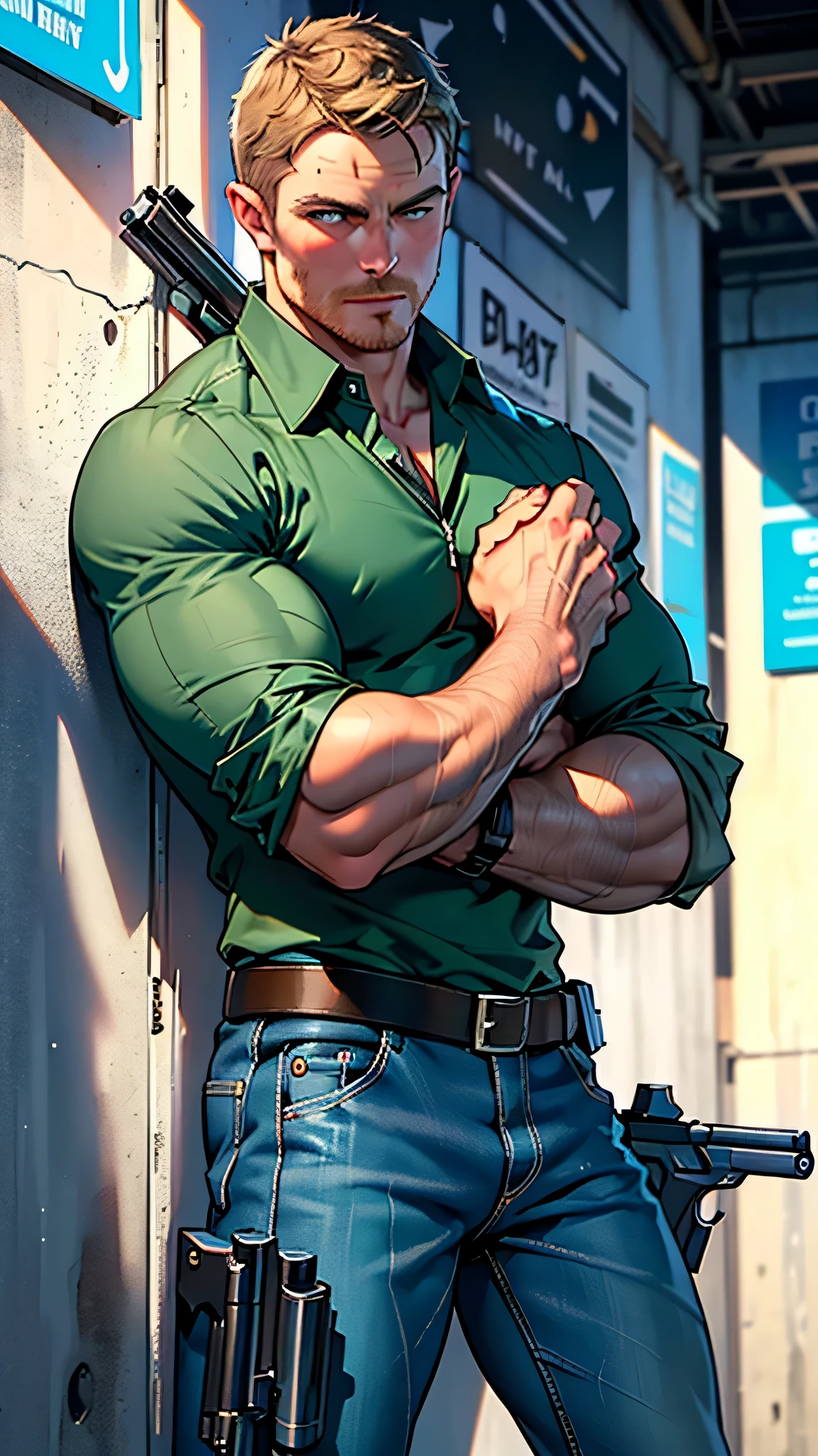 vpl,vpl,1 man, male focus solo,45 yo man, (((Stephen AMELL as private investigator))), lean muscle, open blue shirt, marine blue jeans with brown belt ,( bulge), full body shot, dark blond short hair, BLUE GREEN EYES , well groomed facial hair, (((( HANDS CROSSED , holding TWO guns IN BOTH HANDS LIKE JAMES BOND )))) (((SPREAD LEGS , VERY MANLY APPERANCE ))), ultra high quality, masterpiece, ( ever changing background, blue and white and green arabesques lines in the background)