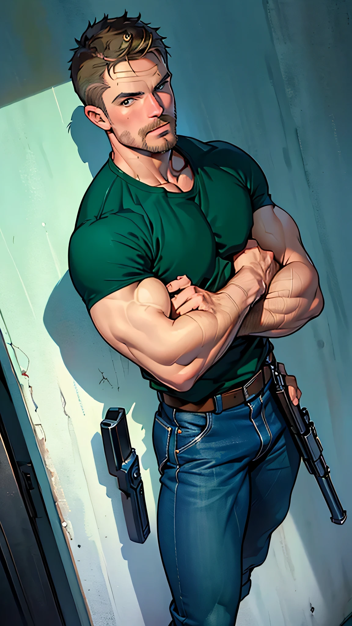 vpl,vpl,1 man, male focus solo,45 yo man, (((Stephen AMELL as private investigator))), lean muscle, open blue shirt, marine blue jeans with brown belt ,( bulge), full body shot, dark blond short hair, BLUE GREEN EYES , well groomed facial hair, (((( HANDS CROSSED , holding TWO guns IN BOTH HANDS LIKE JAMES BOND )))) (((SPREAD LEGS , VERY MANLY APPERANCE ))), ultra high quality, masterpiece, ( ever changing background, blue and white and green arabesques lines in the background)