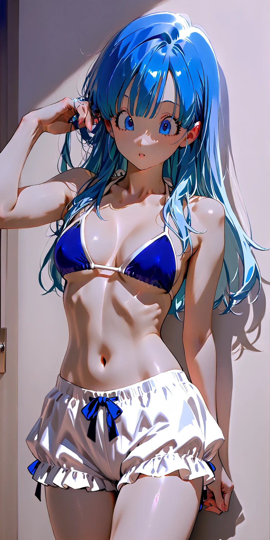 (pov Swimwear style) (beautiful body), (solo:2, 15 yo, forehead blue hair long hair lovely girl, cute blue eyes, happy smile), (in a neat whit frills  swimsuit), break, in the Swimsuit changing room, background Double Exposure love hearts, BREAK, perfect , masterpiece, best quality, 16k, beautiful detailed love, , daydreaming expression.