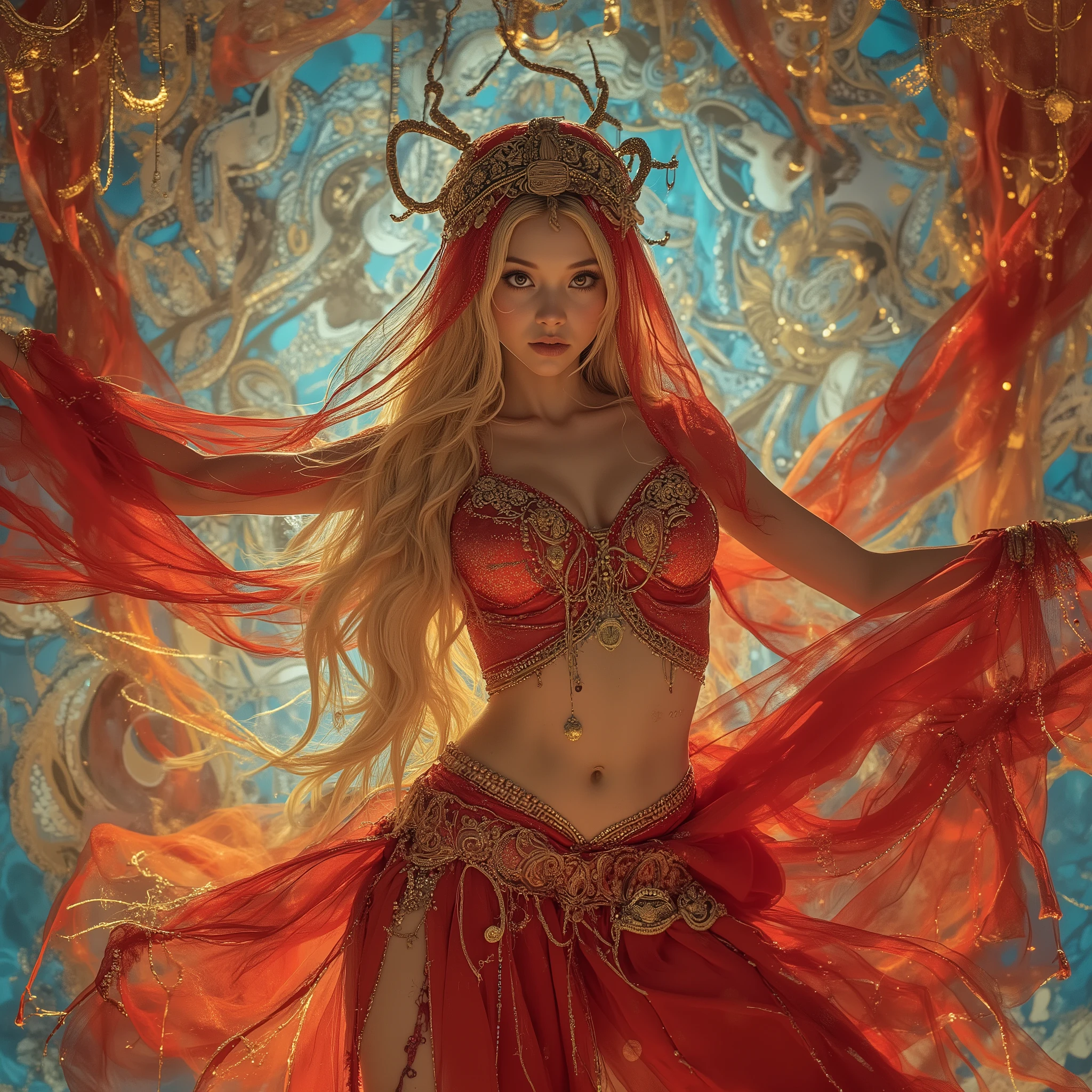 helen wells,consists of a top that fits her body perfectly with her long, flowing blond hair、I'm dancing gracefully against a three-dimensional paisley background、 in the background 、It hangs gracefully on her forehead、There is a decorative veil and headpiece with a small gold medallion that extends downward to frame the face、her costume is impressive、is reminiscent of a traditional belly dance costume、She wears a crimson ensemble and、The flowing skirt and、consists of a top that fits her body perfectly with exposed arms and back、the fabric is transparent and soft、Let the light through、creates a delicate contrast with her skin、when she poses、gold accents adorn the costume、from under the scarf、uses a slightly wide-angle lens、is completed with a red veil that allows only her eyes to be seen、adds a mystical vibe to her look。Her relaxed, flowing posture、expresses movement and elegance、captures the moment in the middle of the dance、