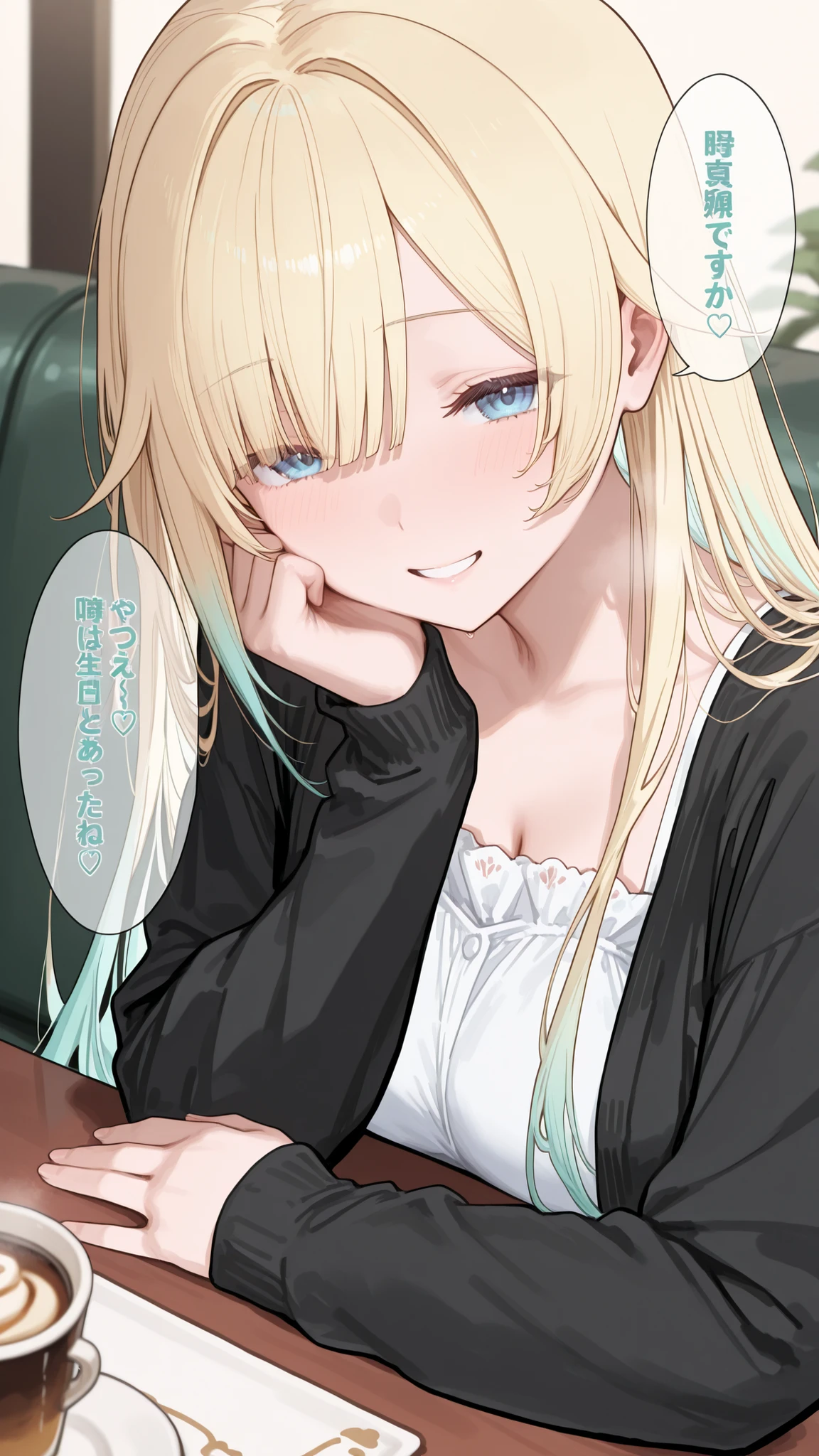 Outfit (long white dress, black cardigan, no earrings), pose (sitting on sofa, talking across a cafe table, smiling), location (cafe, table, sofa), viewpoint (close-up of woman from the front), high-quality face, aizawa ema, blue eyes, long hair, high-quality eyes, high-quality hands, high-quality ears, two-tone hair color, blonde, light blue hair, one girl, girl solo, high resolution, high quality, Japanese dialogue, uncensored, adult woman