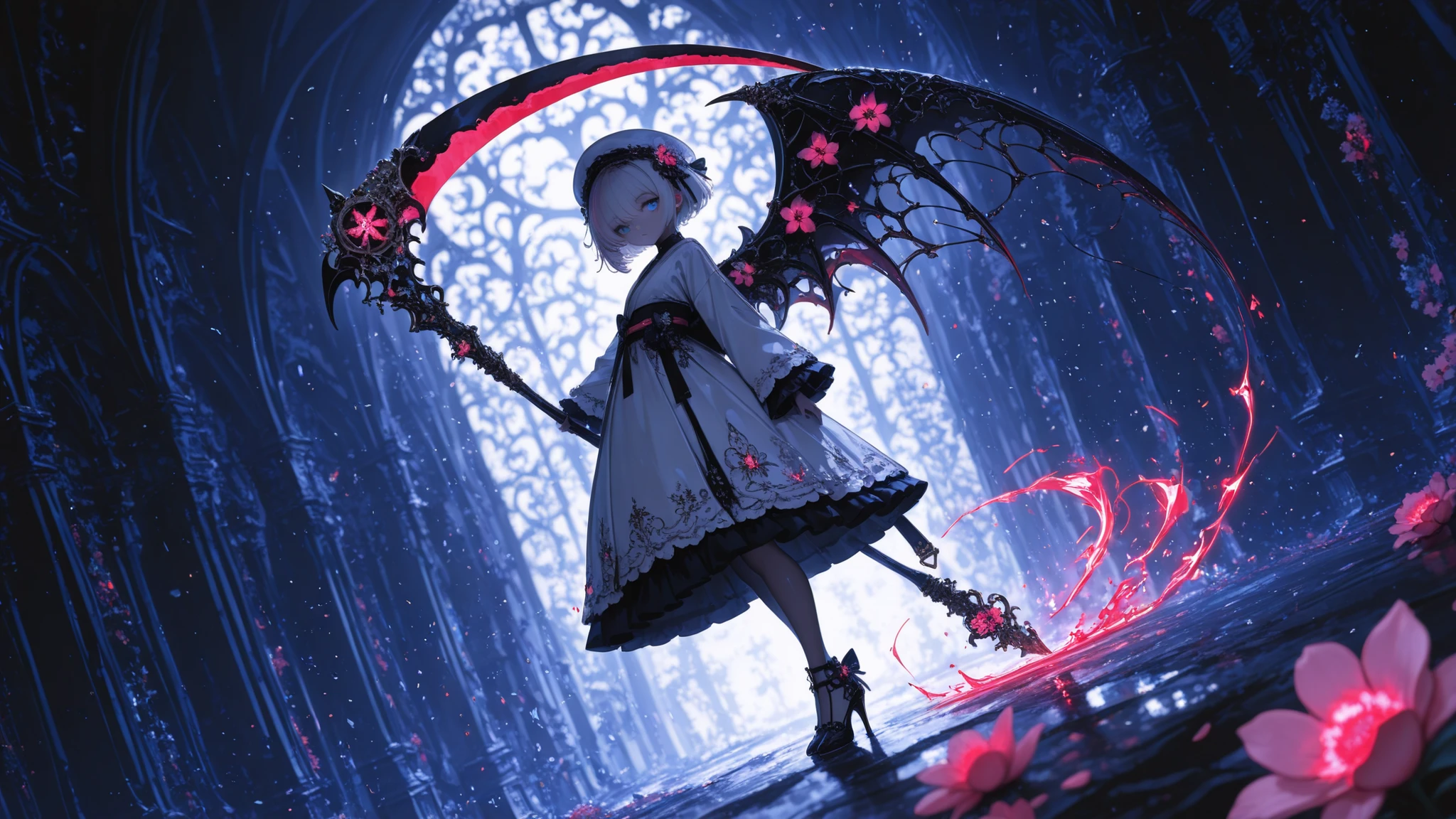 masterpiece, best quality,high quality, newest, highres, absurdres,4ur4_illu,shiny, ,1girl, solo, dress, white dress, wings, blue eyes, white hair, looking at viewer,scythe,holding scythe, bangs, holding, full body,pink flower,sword reflection, long sleeves, standing, hair ornament, high heels, scythe, short hair, flower, hat,dark_theme,dim lighting, holding sword, obi,flower weapon,weapon aura, blurry background,abstract_composition ,dynamic pose, dynamic composition,dutch angle, detailed background,depth of field, light_theme,detailed backgroud,foreshortening,