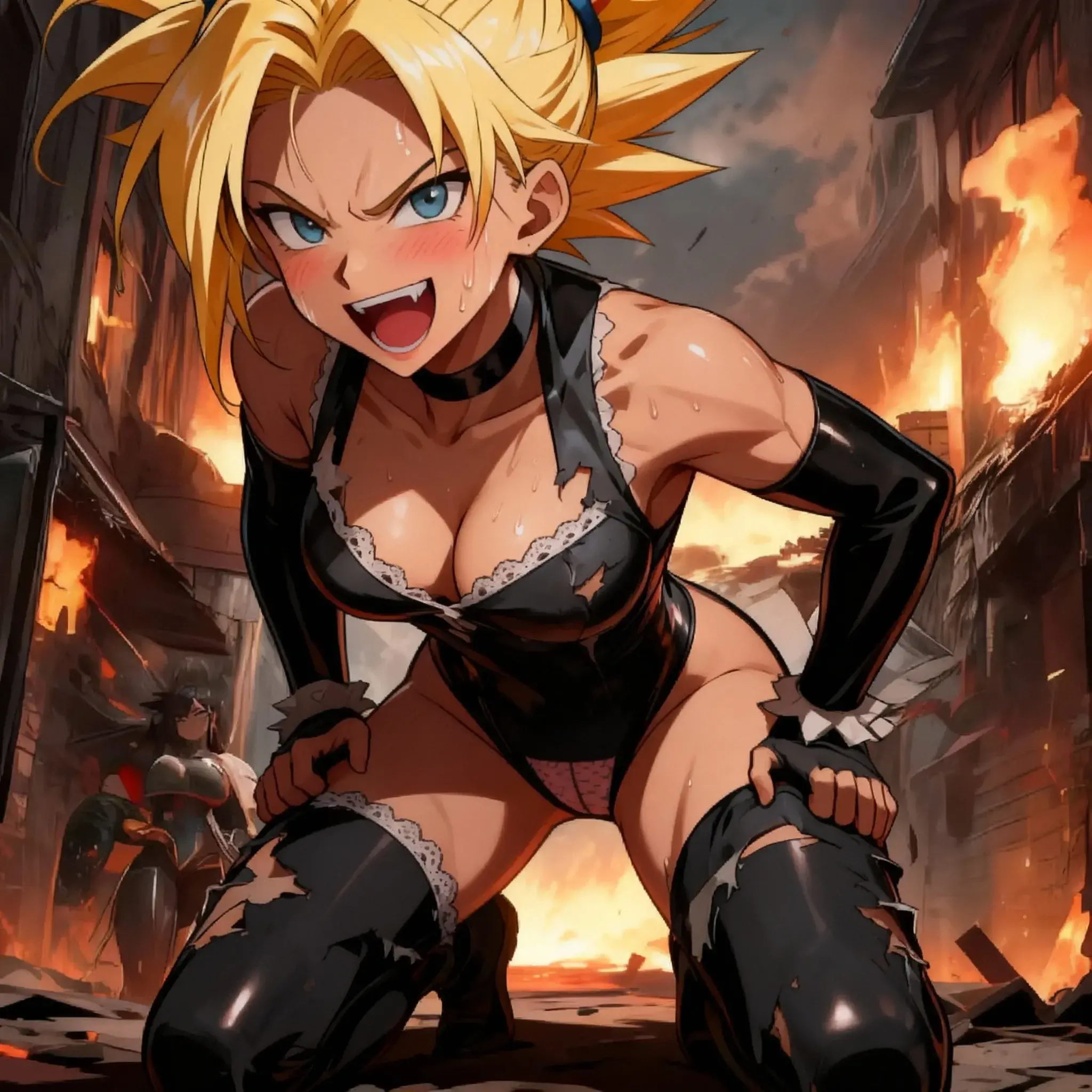 girl, dark skin, blond hair, green eyes, using whip, violent, cool