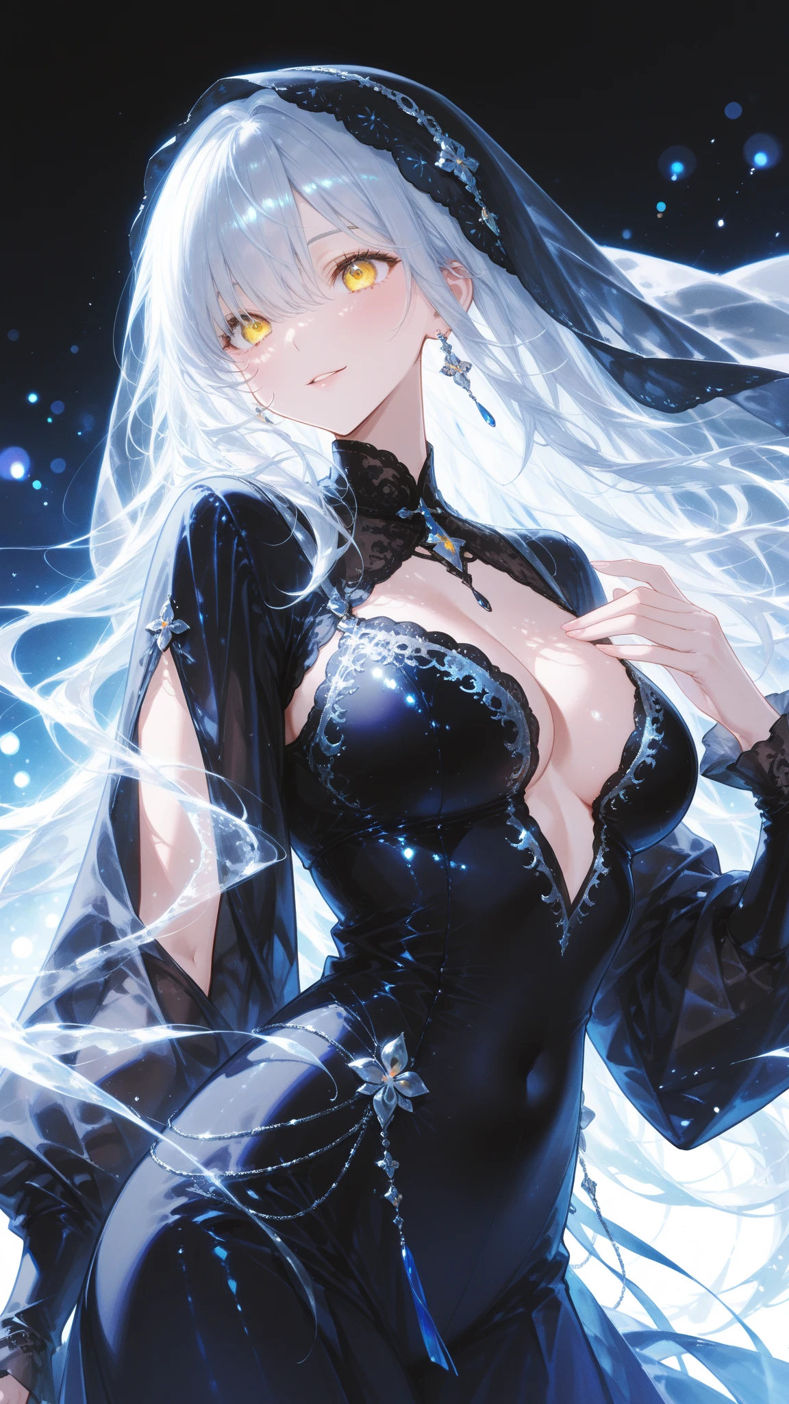 (Image from  up:1.4)((masterpiece:1.5,Highest quality,Beautiful images、Realistic、2.5D、Artistic、Portraiture))(1girl, 独奏)(, Silver Hair、long hair、Beautiful cleavage、sideboob、Exposing shoulders、Tattoo on shoulder)(横顔のPortraiture,Gaze sideways、Gaze diagonally、Shake your head、A sad expression, floating hair)(Monotone Abstract Background)((from diagonally forward:1.3)),Landscape,((outfit-inori,Monotone costumes))
