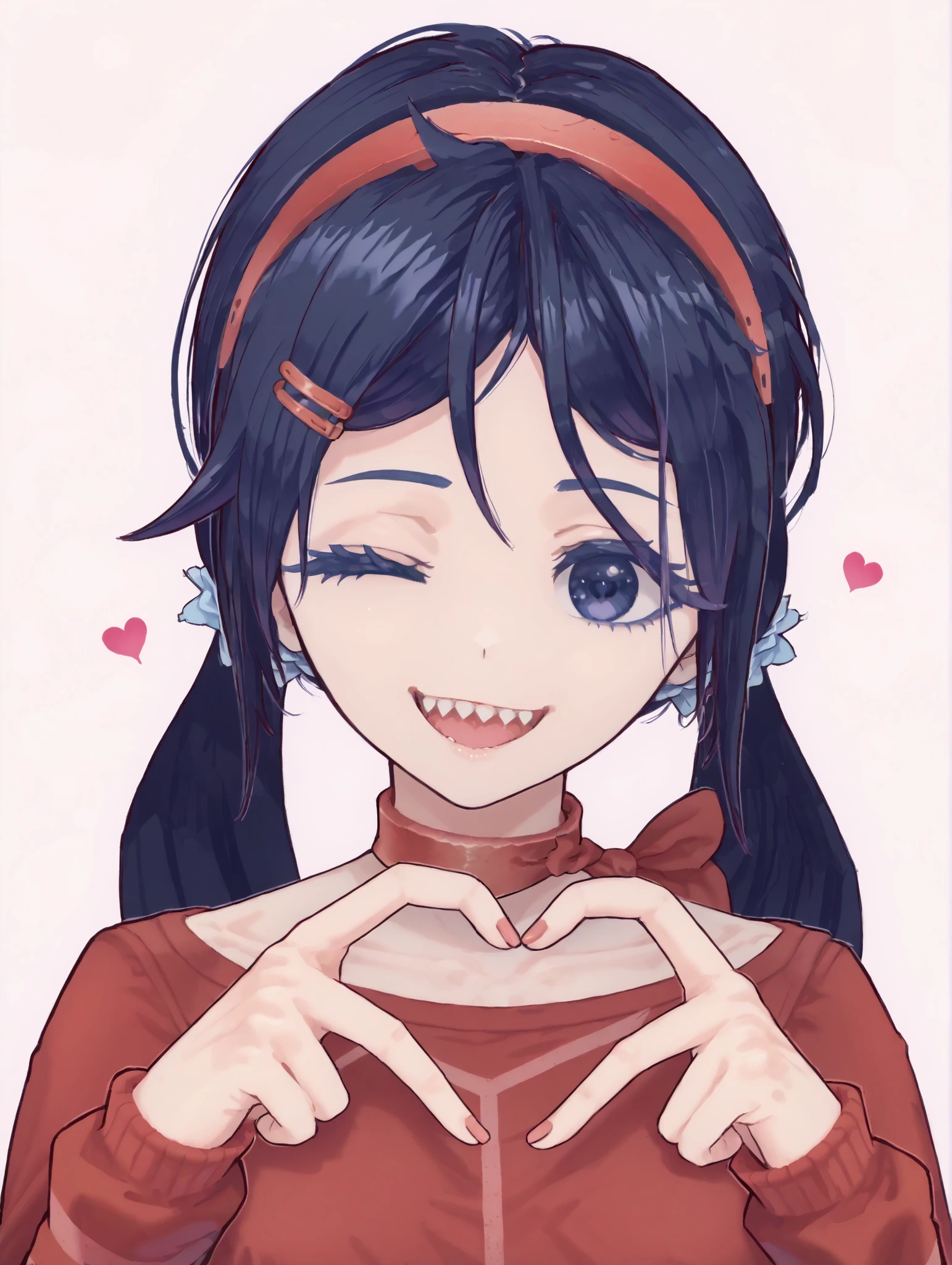 Mita from Miside, 1girl, side inclined head, red clothes, white background, one eye closed, maniac smile, sharp teeth, teeth together, yandere, looking at viewer, 4-finger heart hands, heart hands, side inclined head, side inclined head, fingers touching the other fingers, score_9, score_8_up, score_7_up, 4-finger heart hands, heart hands, heart, 