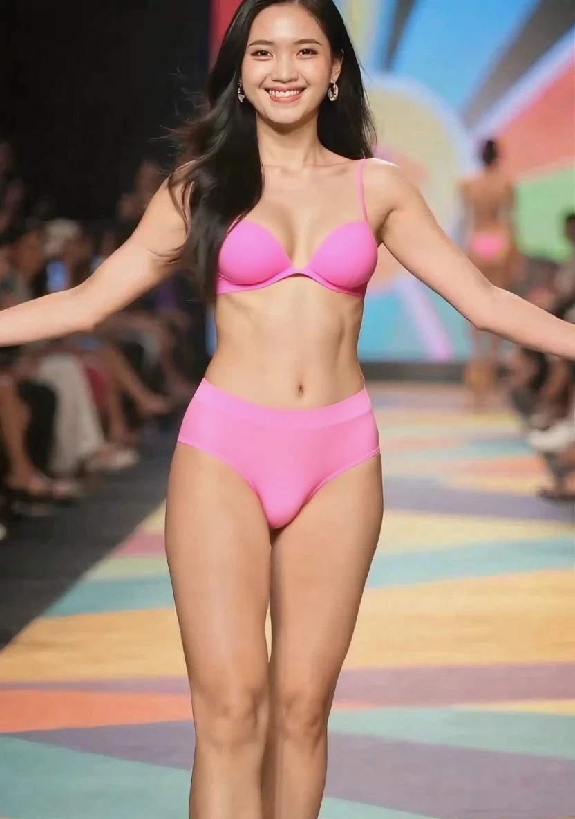 araffes in a  and a  top are walking down the runway,  model, , boutinela , gorgeous  model, swimsuit model, dressed in belts , modeling for dulce and gabanna, sling , on the runway, bella poarch, blue , is wearing a swimsuit, wearing two - piece swimsuit, by Robbie Trevino