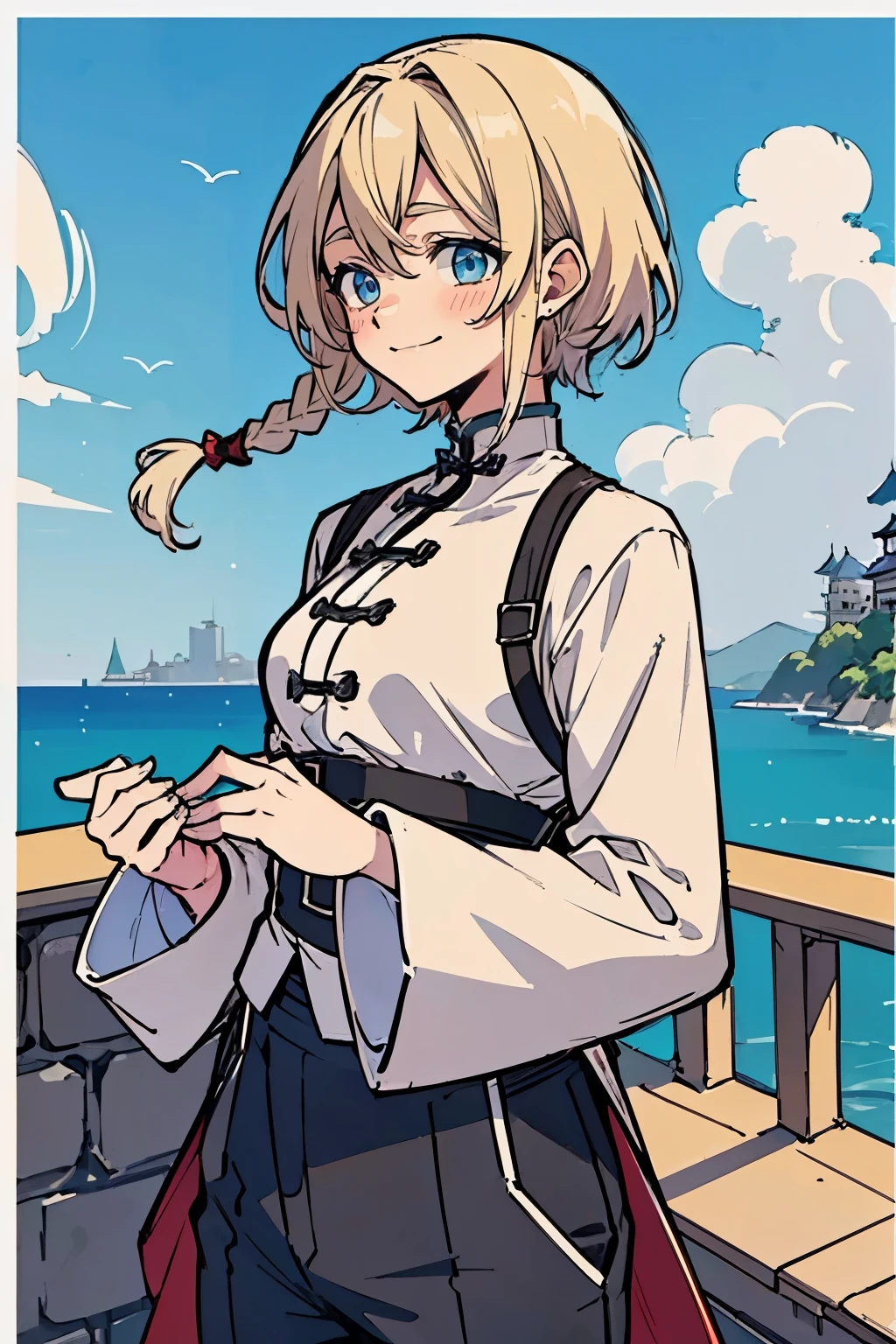 (masterpiece:1.2), (high quality:1.2), rekkyo sensen, rekkyou sensen, girls with(((1girl, solo, aiden d adams, white blonde hair, blue eyes, smiling, blush, closed mouth, medium hair, right swept bangs, side braids:1.3), (((Lace shirt, chinese shirt, chinese clothes, small breasts, long sleeves, black short pants))), standing)), background((shanghai, sky, blue sky, sea, castle))