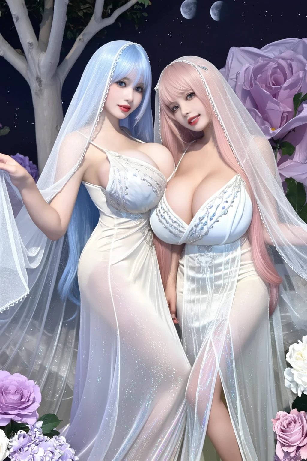 （8k ，Super detailed，Hyper-photorealism，The best masterpiece，Nature，Perfect work of art，Perfect female body），Two cute busty girls ，（large tities），Antique Flower Wedding，Antique Flower Wedding，Wedding dress，Phoenix Guanxia，Fashionable Hairstyle，Elegant and ???? bride，On a quaint street，穿上性感复古的白色Wedding dress，Built-in ?????，Large cleavage，，Stretch the meat，???? bulge，Exposure ，???，full-body shot