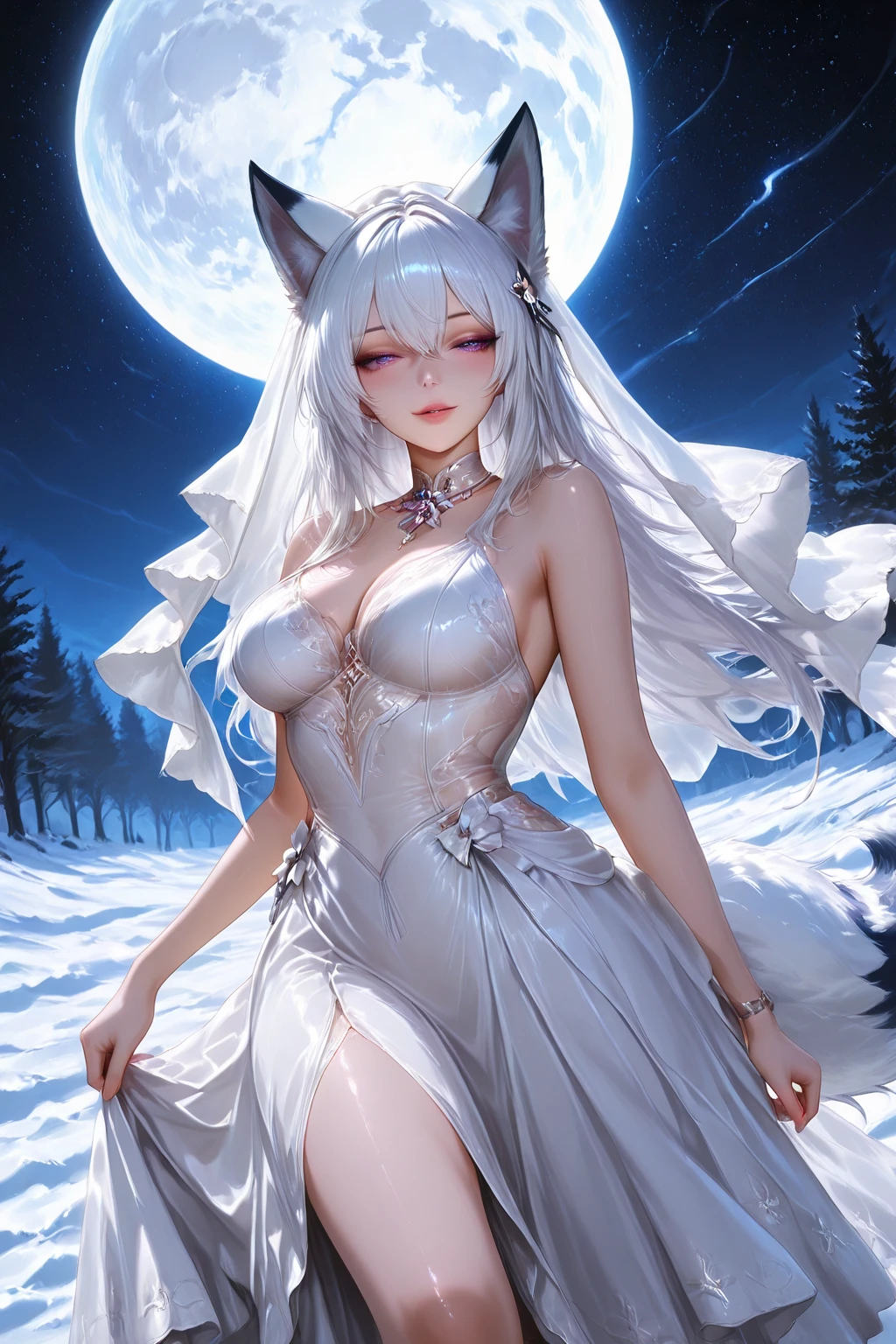 There is a adult woman using ice magic , in a icy forest, at night, wearing a white dress,high heels, Dark tights, white hair,, lips,thin lips, soft face, green eyes,Eyeshadows,eyeliner,knee length hair,curved hair, thin waist,Big , high quality, highly detailed skin, dynamic pose