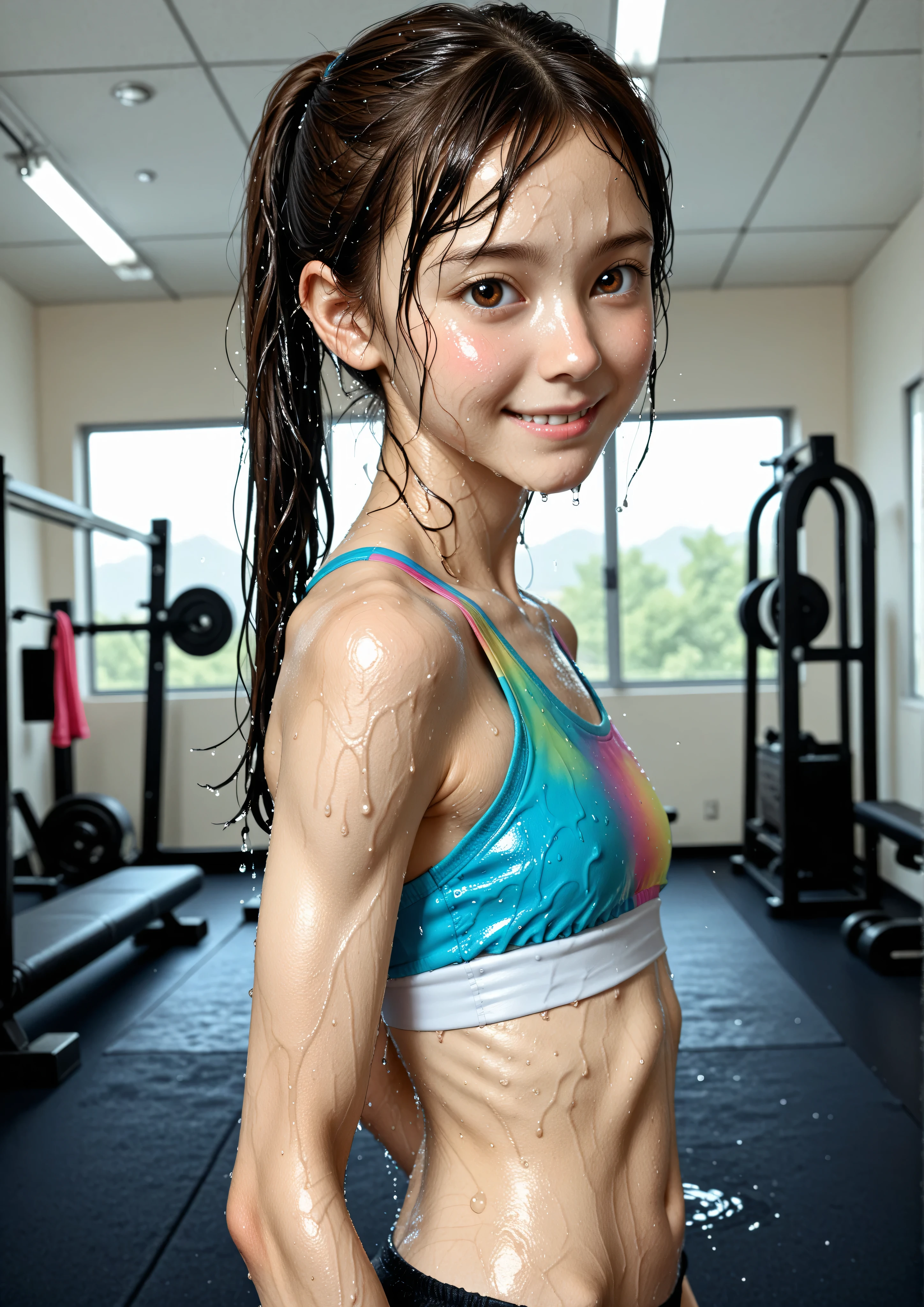 日本のyounger可愛い女の子, brown eyes before vaginal intercourse,(braids:0.5),(twin tails:0.5),(short bob:0.5),(high ponytail:0.5),(dark haired:0.5),sports bra, from behind, Narrow Shoulder, (white skin:0.5),smiling slightly and looking at the audience, The photo was taken at a sports gym ,(skinny:1.35), (toned body:1.05),(younger:1.5),(tiny hips),(colorful clothes),(cute faces getting creampied:1.2),(Her body is wet from sweat:1.2)