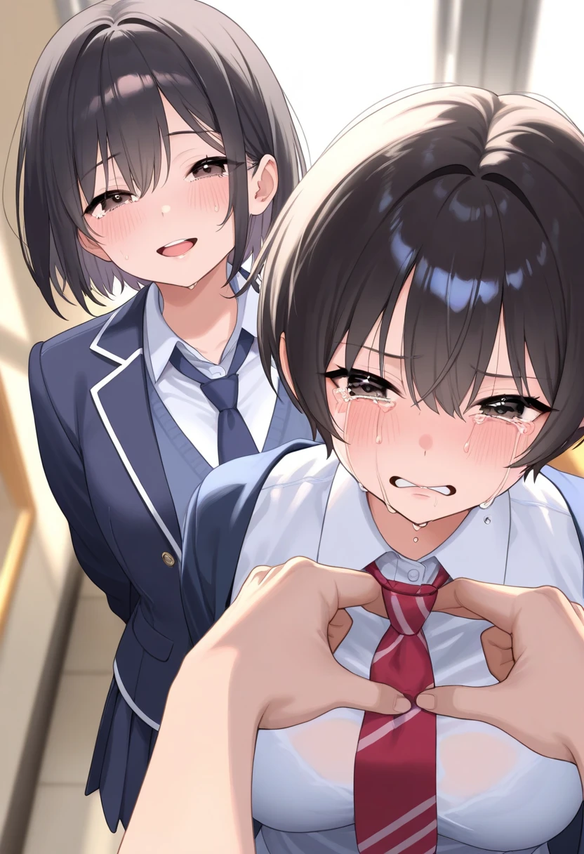 A middle-aged man with black bob hair and a blazer and uniform is standing holding onto the handrail of a train、He is rubbing the  of a girl in a navy blue checked skirt.