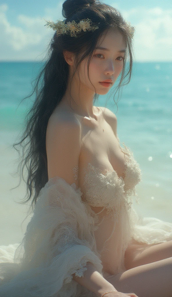 Beautiful woman with perfect body：1.4，Layered Hairstyle，Prominent cleavage，Highly detailed face and skin textures，Double eyelids，Skin Whitening，Long hair，Whitened long legs，（Suspenders，necklace），Standing by the sea