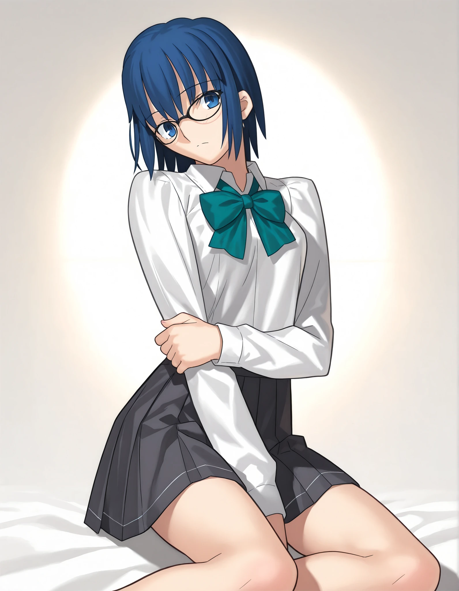 masterpiece, , absurdres, highres, detailed background, high resolution, masterpiece, necessary, detail, best quality, quality, necessary, details, High details, Precise, white background, simple background, cowboy body shot , (cinematic light), , solo,                                            
                                                                                                                                                                                                                         1girl, , Takeuchi Takashi (type-moon, tsukihime) style, takeuchi takashi style, (hold own arm, ), light head back,(head tilt),seriously, ,
   
girl, (slender body, slim arms, slim bod), solo, el3gymaster ,ciel \(tsukihime\) ,blue eyes ,blue hair ,glasses ,short hair,(black-framed eyewear , ,green bowtie , white shirt ,open collared shirt, long sleeve ,grey skirt, pleated skirt,), (medium breasts),(looking at viewer), sitting yokozuwari,,