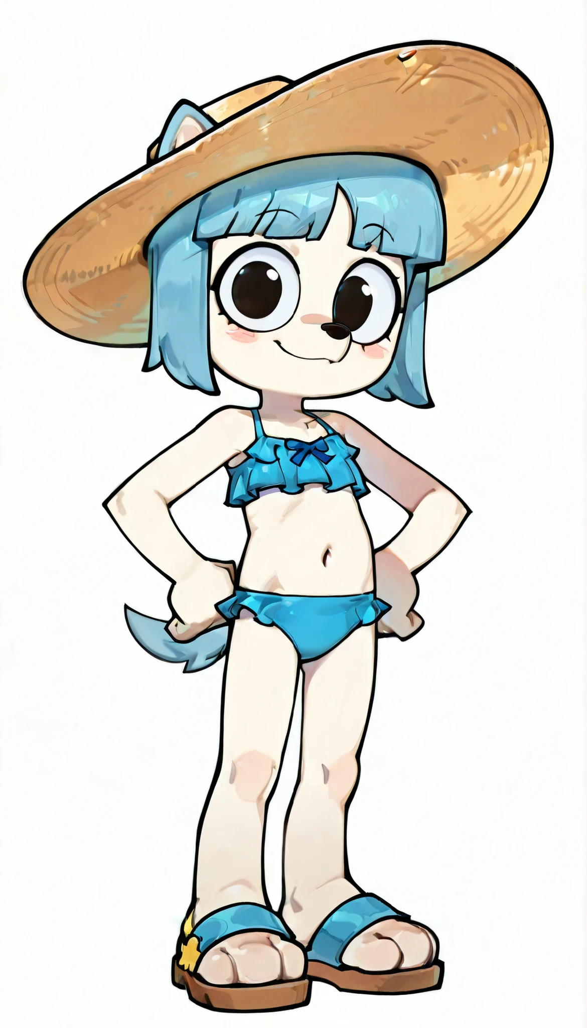 score_9, score_8_up, score_7_up, 1girl, source furry, young, "closeup, masterpiece, best quality, amazing quality, very aesthetic, high resolution, ultra-detailed, absurdres, newest, 4k, HDR, 8k, sulu_kunshik, 1girl, bright fur, black eyes, furry female, dog girl, furry, solo, flat chest, dog tail, smile, clear blue hair, straight bangs, ((wide brimmed hat, blue frilly bikini, midriff, sandals)), navel, animal dog ears, full body, feets with three toes, looking at viewer, animal nose, closed mouth, standing, one hand own hip, blush, frontal view, white background",