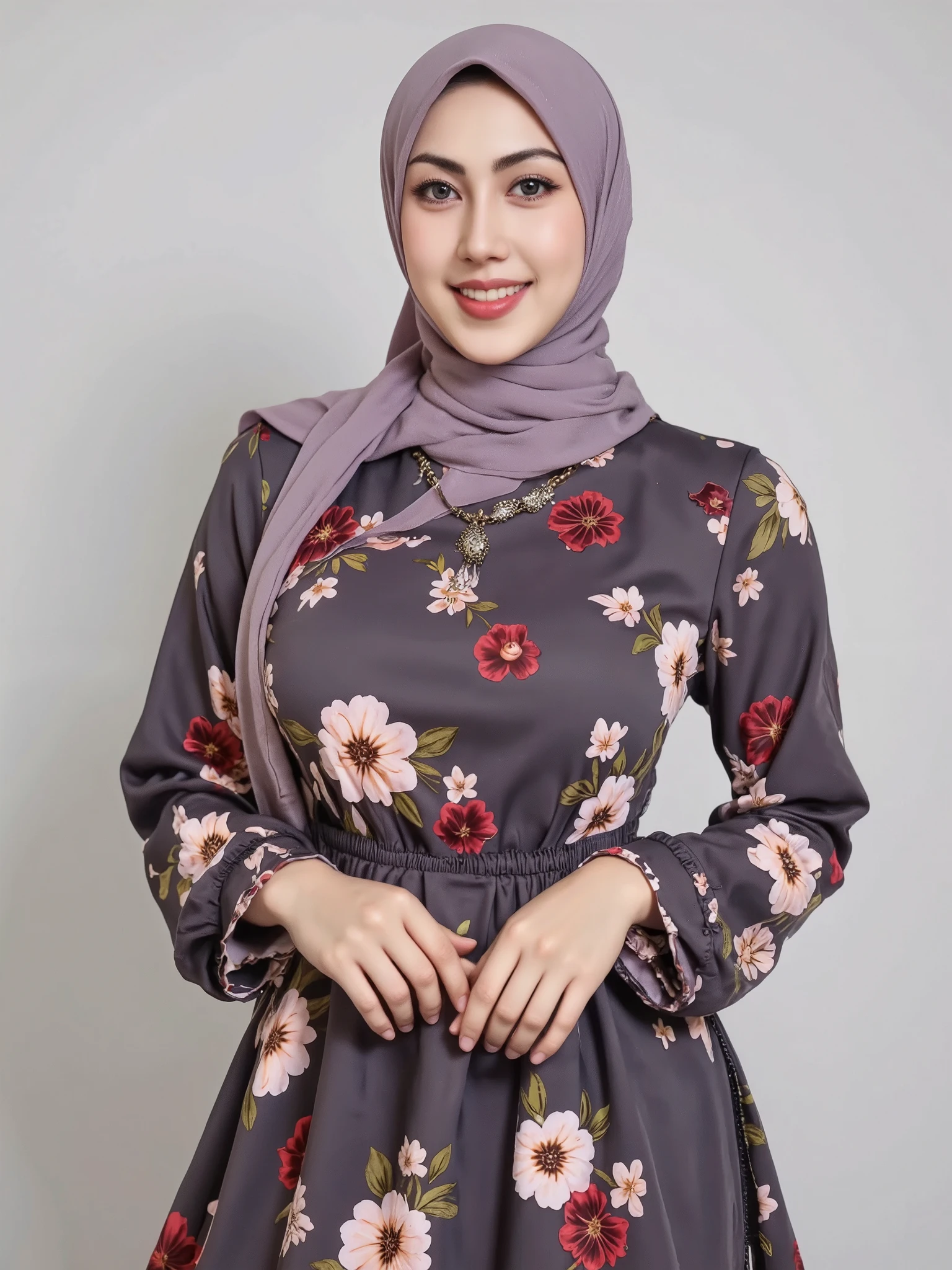 hyper HD, Masterpiece, Textured skin, 4K, Best quality of potrait a Beautiful hijab asian woman white fairy skin wearing dress , close-up half body , perfect hijab, detail veil , hyper realistic scarf and ornate on her side big back head hijab on likely hijab bun style , happy vibes, beauty smile , open mouth showing teeth , smiling confident , huge breast , perfect hands , auto correct detail fingers.