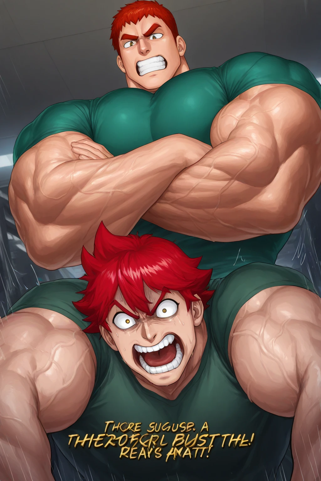 Endeavor, my hero academia, from front, super fine, bodysuits, middle-aged man, hunk, looking down and mouth wide open with shocked face, crotch grab, crotch squeeze,