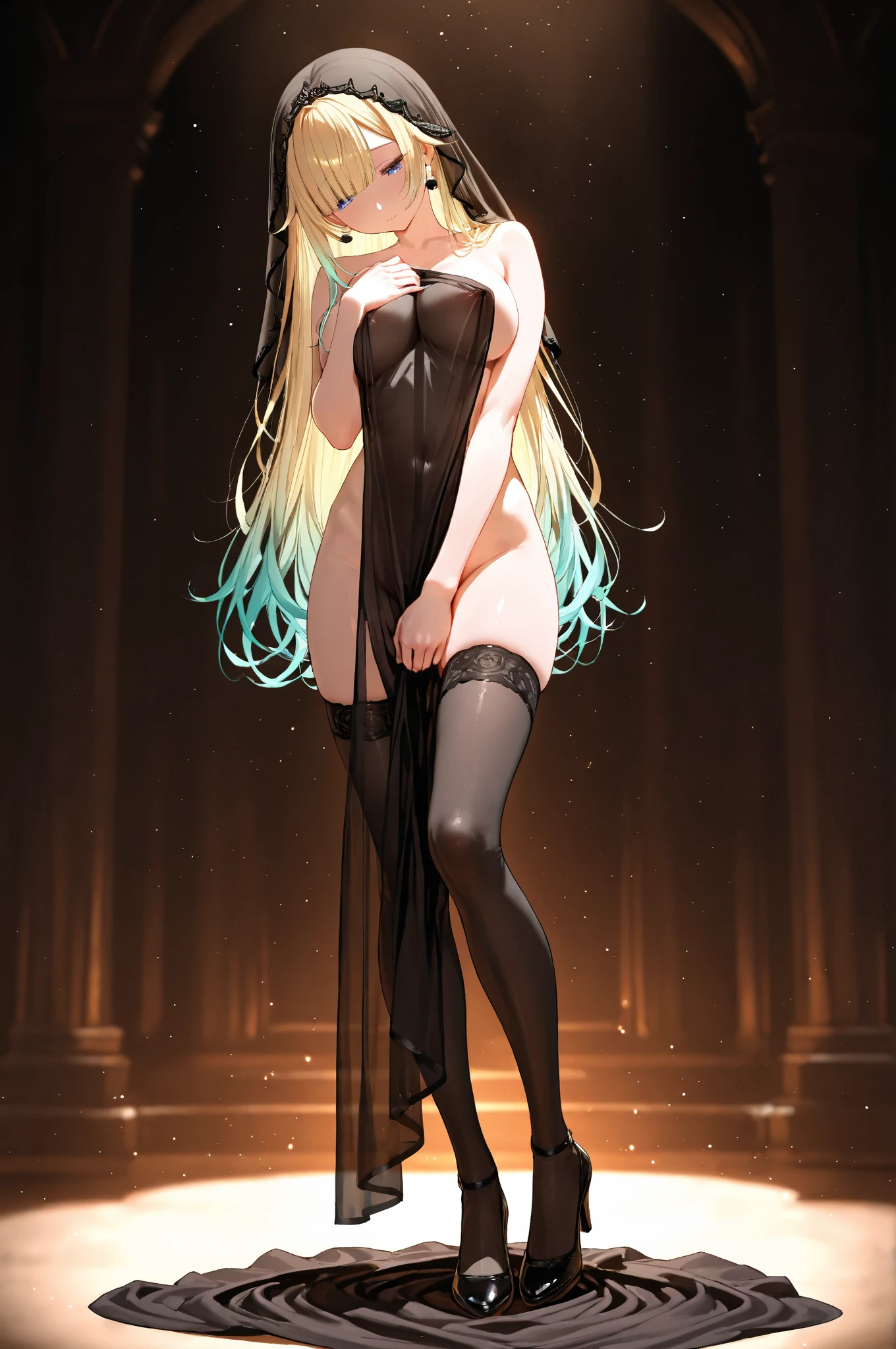 (Black pantyhose),Naked,Cute little ,Tiny ,Small girl,,Childish face, Very fine clean face,Top quality,Straight Hair,Yellow hair,(Dark Room), Subtle light, Natural light,Soft lighting,Light from directly behind, (Are standing),Front view,Black background