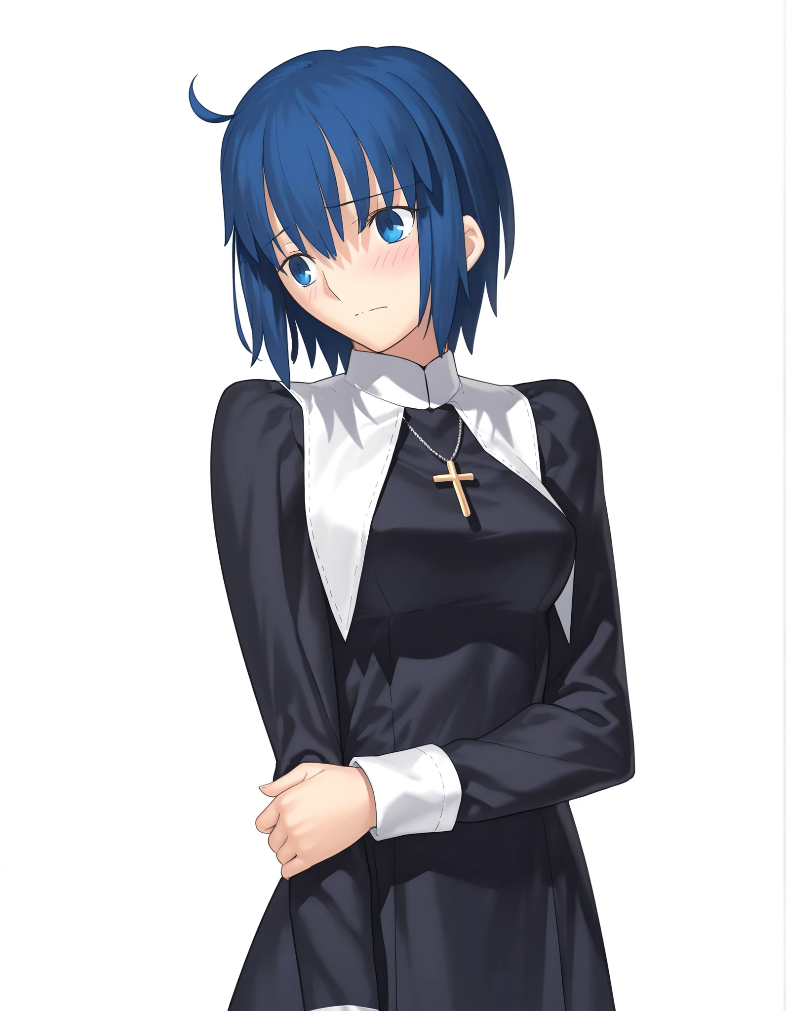 masterpiece, , absurdres, highres, detailed background, high resolution, masterpiece, necessary, detail, best quality, quality, necessary, details, High details, Precise, white background, simple background, upper body shot , (cinematic light), , solo,                                            
                                                                                                                                                                                                                         1girl, , Takeuchi Takashi (type-moon, tsukihime) style, takeuchi takashi style, (hold own arm, ), light head back,(head tilt),seriously, ,
   
girl, slim arms,<lora:illustrious_XL_ciel:0 . 9> , ciel , short hair ,blue eyes ,blue hair ,a nun costume ,tights ,medium breasts, , looking away, light embarrassed, looking at viewer,