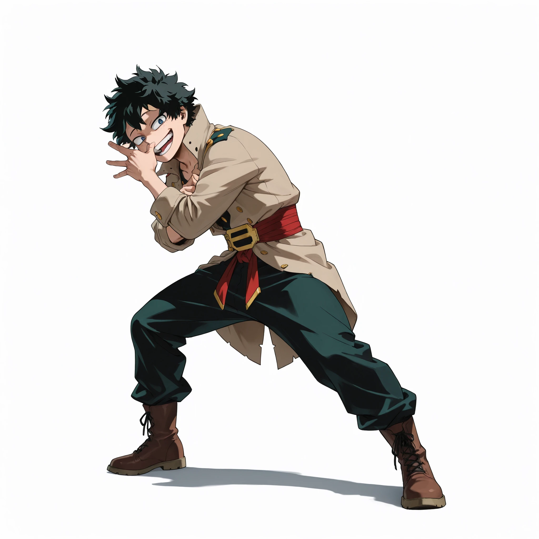 (male), (man), (slim body), (black hair), (short hair), (blue eyes), (solo), (single character), (full body version), (white background), (no background), (highly detailed), (shadow), (standing pose), (natural light), (detailed outfit), (detailed hand), (detailed face), (detailed hair), (laughing face), (villain laugh), (villain vibe),
Wearing a light brown pirate jacket with casual crew pirate style, loose pants, boots. (Boku no Hero academia style art),
