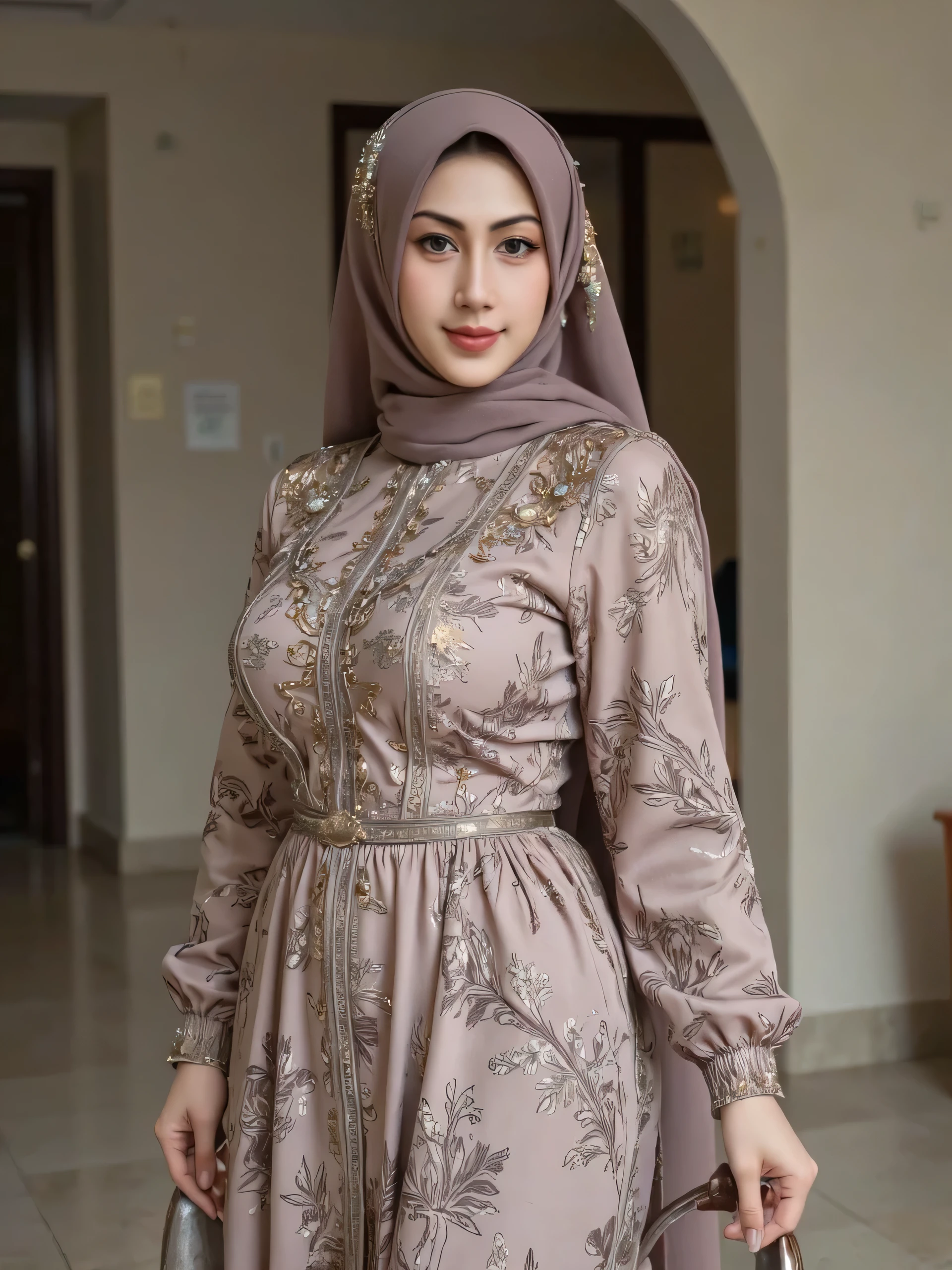 hyper HD, Masterpiece, Textured skin, 4K, Best quality of potrait a Beautiful hijab asian woman white fairy skin wearing dress , close-up half body , perfect hijab, detail veil , hyper realistic scarf and ornate on her side big back head hijab on likely hijab bun style , happy vibes, beauty smile , open mouth showing teeth , smiling confident , huge breast , perfect hands , auto correct detail fingers.