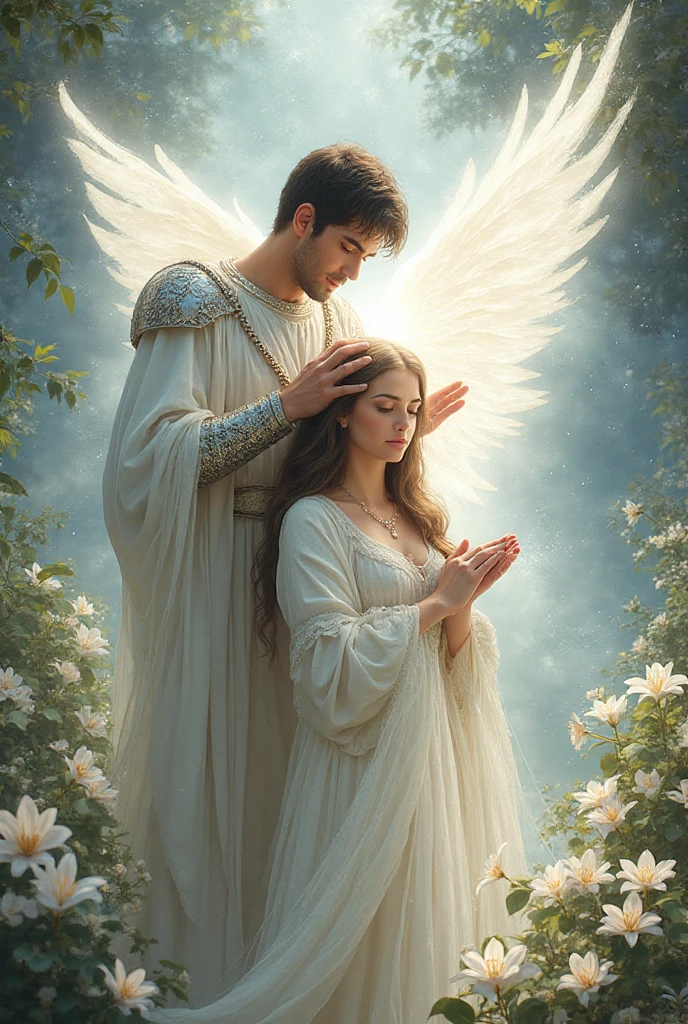 . Archangel male with short dark brown hair, white robe with silver and ...