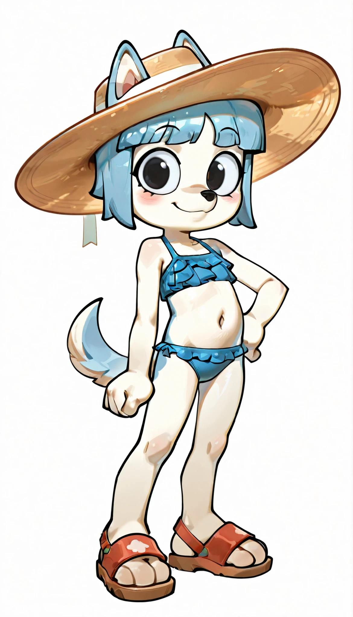 score_9, score_8_up, score_7_up, 1girl, source furry, young, "closeup, masterpiece, best quality, amazing quality, very aesthetic, high resolution, ultra-detailed, absurdres, newest, 4k, HDR, 8k, sulu_kunshik, 1girl, bright fur, black eyes, furry female, dog girl, furry, solo, flat chest, dog tail, smile, clear blue hair, straight bangs, ((wide brimmed hat, blue frilly bikini, midriff, sandals)), navel, animal dog ears, full body, feets with three toes, looking at viewer, animal nose, closed mouth, standing, one hand own hip, blush, frontal view, white background",