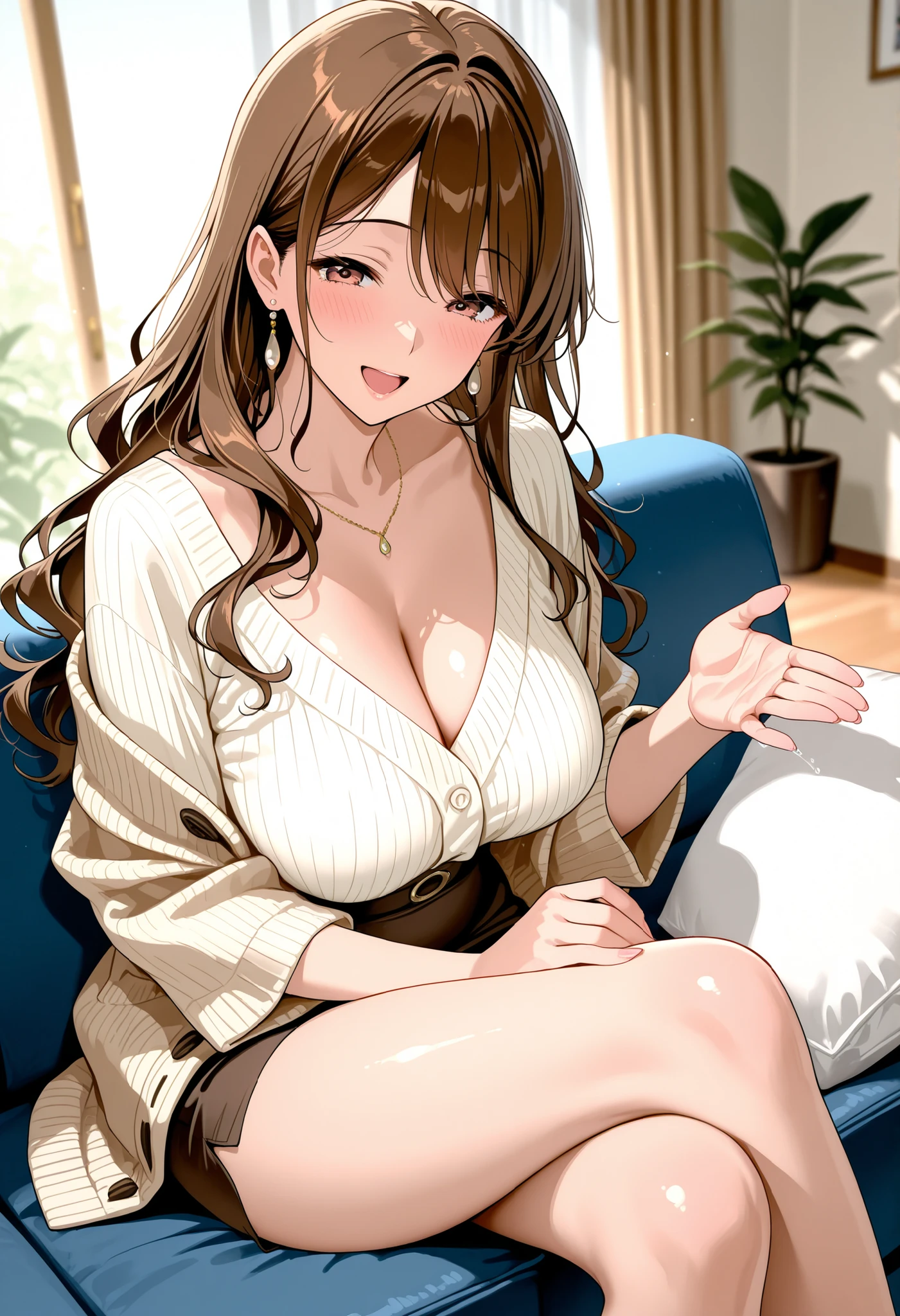 beautiful woman　30 years old　married woman　mature woman　Japanese woman　glamour　brown hair　loose wavy hair　Put your hands on the couch　living room　Cardigan　happy expression　open your mouth wide　Hand job pumping with a knee pillow