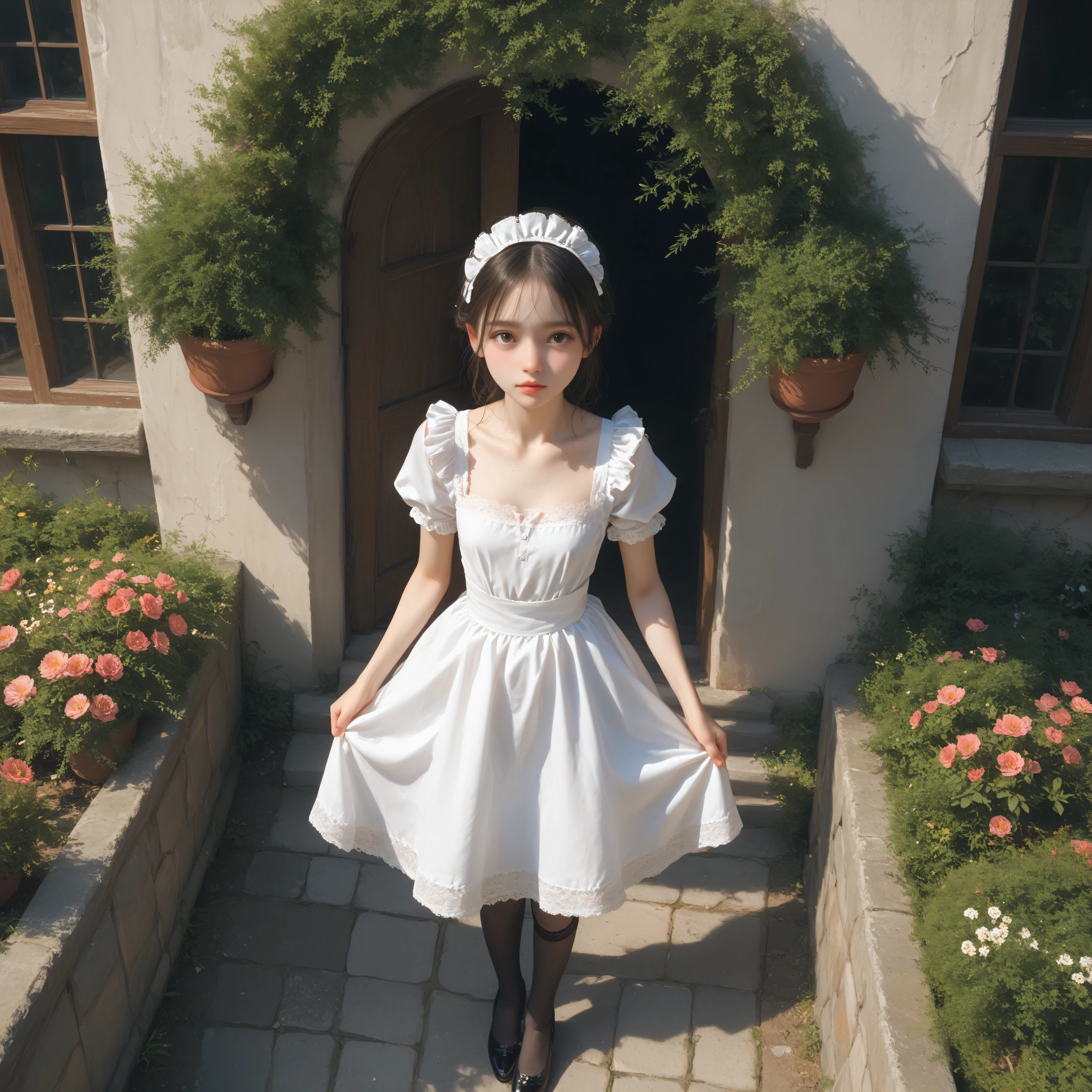 1 Girl Who Destroys the Heavens、maids,Look at the audience,(skinny:1.13),(younger:0.53),from above,lean forward,(big boobs:-0.22),is watering flowers outside the mansion,japanese,(smile Yang:0.08),black lace stockings
