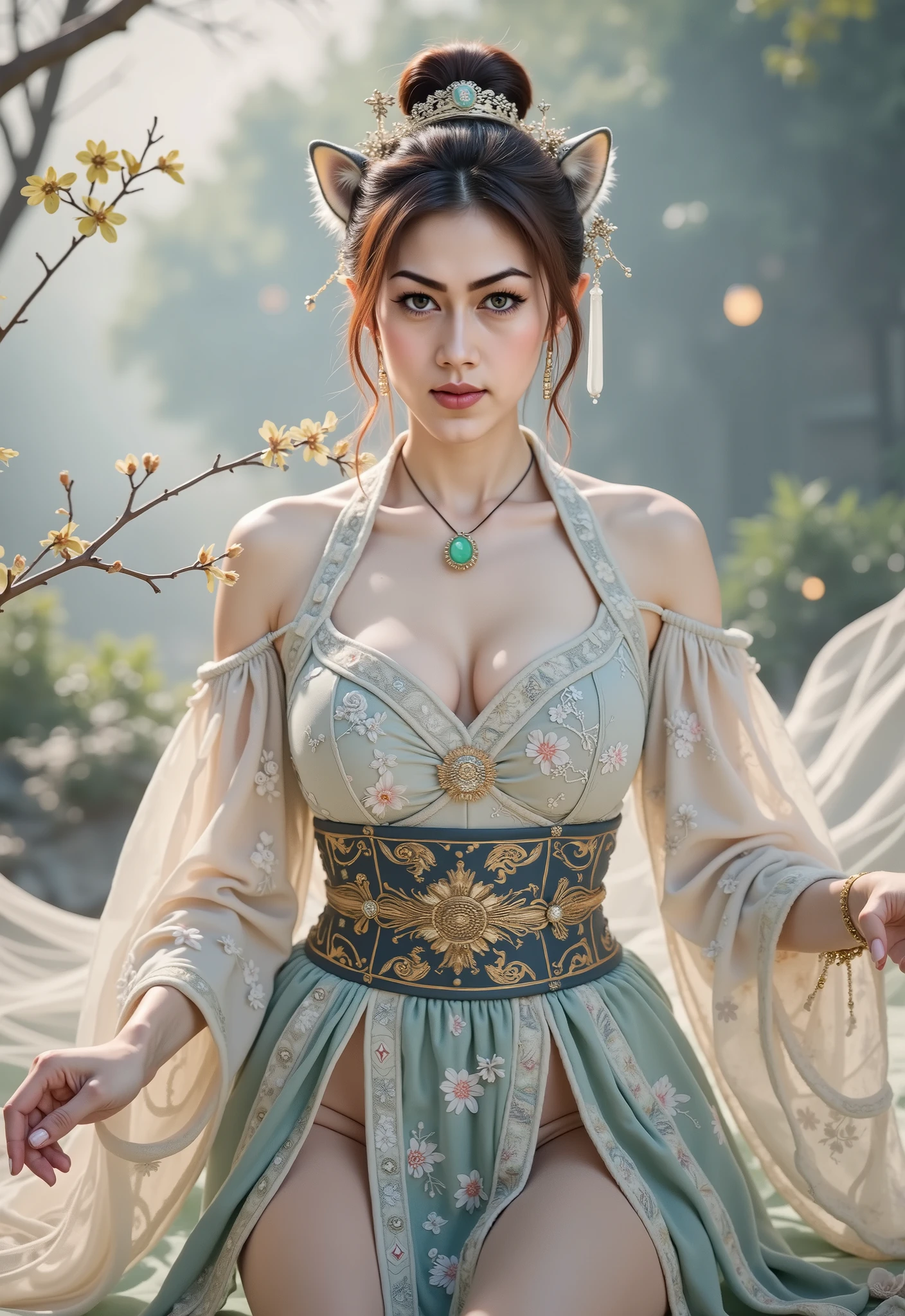 (（（（Standing snapping refracts :1.5))))，shinano   cosplay costume,   cosplay, Thigh socks,  heels,  Viewing angle ,   part of the fox's tail , Multiple tails, Deep in the fantasy world，  Her eyebrows become a painting  ，  Foggy room  ，The heroine's figure looms out  ， like the fairy in the painting ， Slim sexy legs，big beautiful breasts而又带着一丝 Mystery的色彩。Her face is beautiful and delicate ，Like a finely carved jade，Show extraordinary beauty。Eyebrows so beautiful， The long eyebrows extend to her temples ，  The waves in my eyes are like twinkling stars   ，Show the light of perseverance and wisdom。straight nose，Cherry lip color， Slightly raised corners of mouth， Show confidence and calm  。Her face is well-defined ， , fair skin  ，Reveal healthy glow，Not like a fairy'Unsecular 。Her makeup is light and delicate，Tang'Too many decorations ，   。  The light colored foundation enhances the translucency of the skin  ，  Light eyebrow pencil outlines her perfect brow shape  ，Eye makeup is eye shadow and eyeliner，  makes her eyes brighter and more impressive  。嘴唇涂上grace的口红，Adding a bit of charm and refinement 。她的衣服grace别致， Wear white to win snow ，Clothes fluttering ，  It looks like it can be blown away by the wind   ，Go with the flow。 Beautiful embroidery patterns on her clothes ，既不失grace， She also shows her extraordinary skills 。  A wide belt tied around her waist  ，  She wears a crystal clear jade pendant  ，Swinging with her movements。Her hair is casually tied behind her head.， fix it with lotus leaves ，  A few strands of hair fluttering softly in the wind  ， Adding some softness 。 Hegure is vaguely visible in a wonderland  ，宛如一道big beautiful breasts的风景线，Attracted everyone'Notice。 as if she can be blown by the wind at any time ，big beautiful breasts、grace、 Mystery、and full of power。