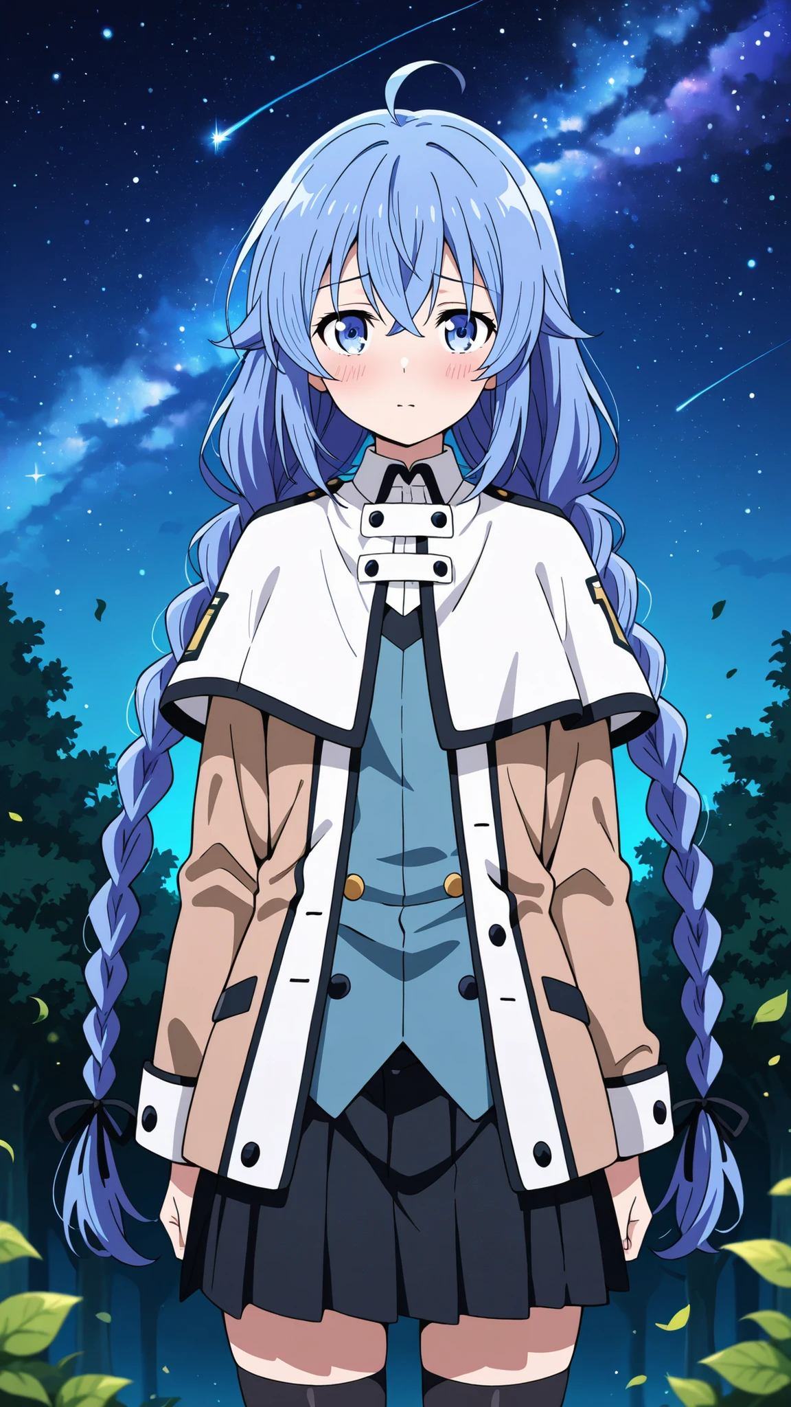 BREAK (masterpiece:1.2),Anime-style forest clearing under a surreal night sky filled with colorful galaxies and planets, starlight reflecting on leaves, magical and otherworldly atmosphere, no people,black legwear, black skirt, capelet, jacket, brown jacket, long sleeves, miniskirt, open clothes, open jacket, pleated skirt, skirt, white capelet,white jacket,,roxy, ahoge, black ribbon, blue eyes, blue hair, braid, hair between eyes, hair ribbon, long hair, twin braids, very long hair,
,looking at viewer,cowboy shot,floating hair,front photo,shy,blush