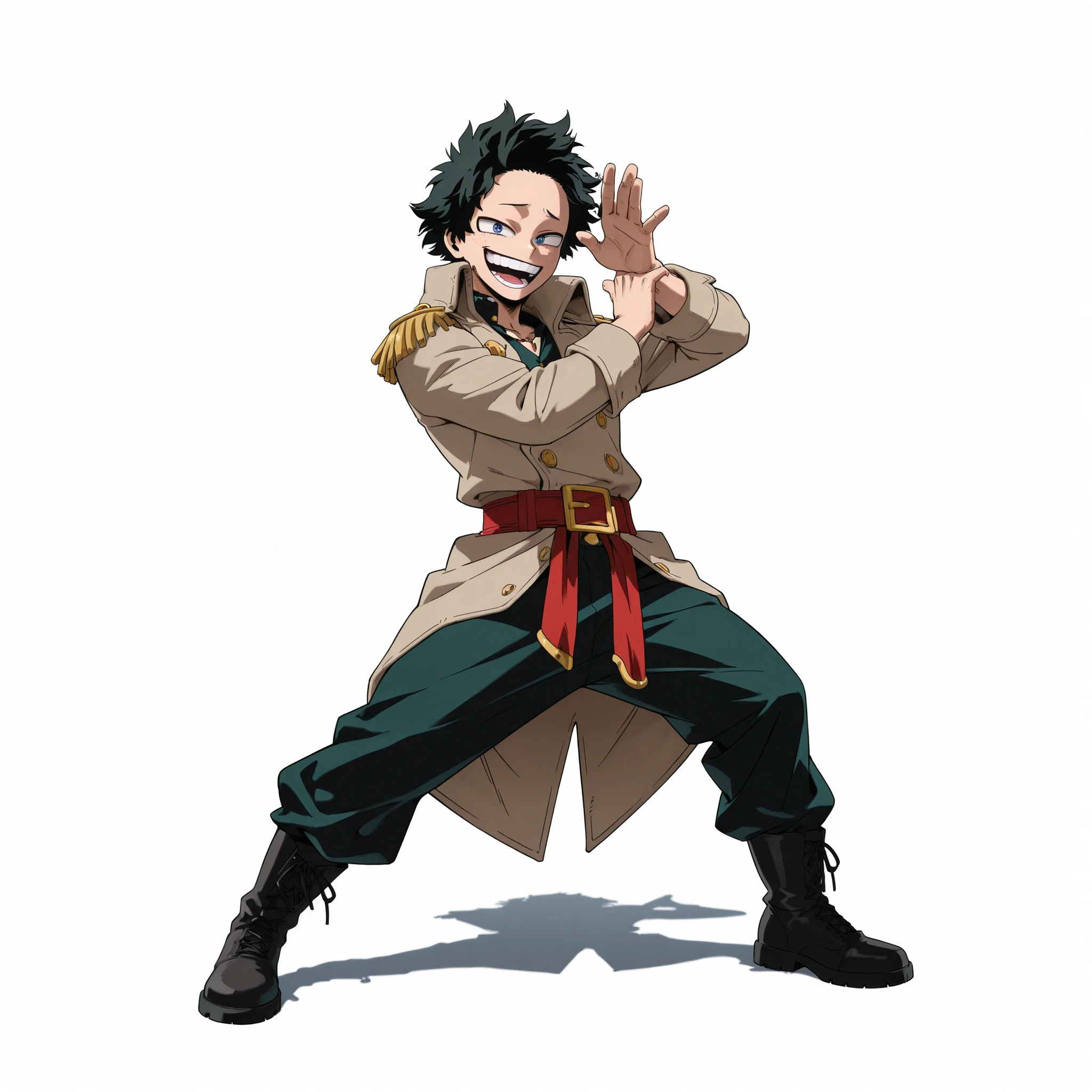 (male), (man), (slim body), (black hair), (short hair), (blue eyes), (solo), (single character), (full body version), (white background), (no background), (highly detailed), (shadow), (standing pose), (natural light), (detailed outfit), (detailed hand), (detailed face), (detailed hair), (laughing face), (villain laugh), (villain vibe),
Wearing a light brown pirate jacket with casual crew pirate style, loose pants, boots. (Boku no Hero academia style art),  
