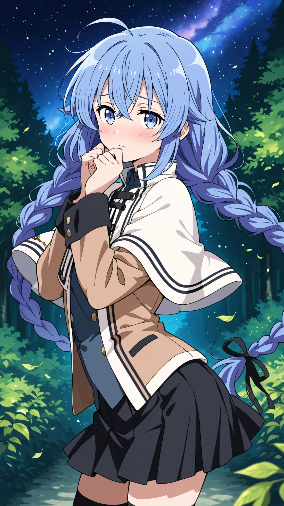 BREAK (masterpiece:1.2),Anime-style forest clearing under a surreal night sky filled with colorful galaxies and planets, starlight reflecting on leaves, magical and otherworldly atmosphere, no people,black legwear, black skirt, capelet, jacket, brown jacket, long sleeves, miniskirt, open clothes, open jacket, pleated skirt, skirt, white capelet,white jacket,,roxy, ahoge, black ribbon, blue eyes, blue hair, braid, hair between eyes, hair ribbon, long hair, twin braids, very long hair,
,looking at viewer,cowboy shot,floating hair,front photo,shy,blush,sexy pose,arched back
